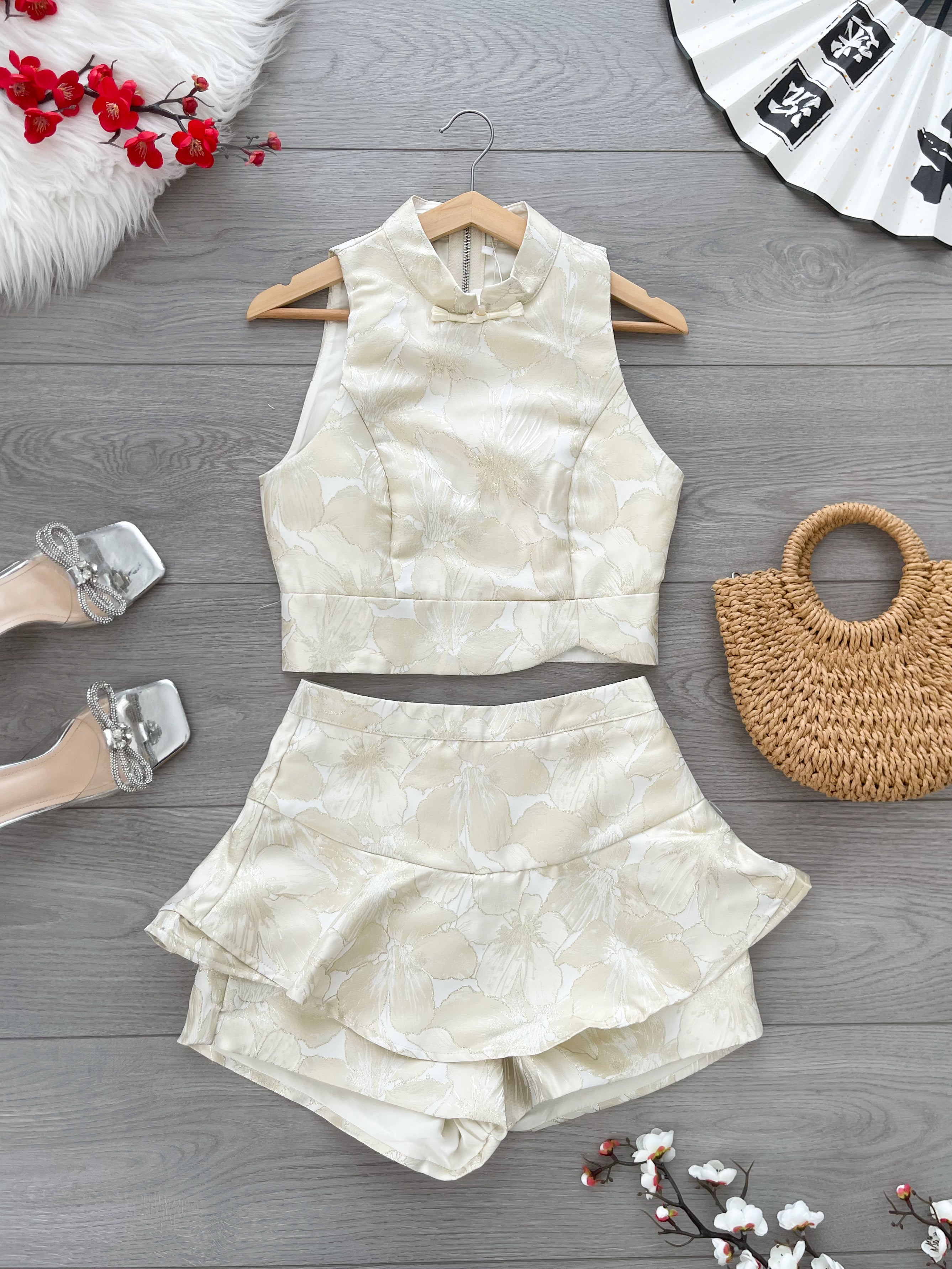 【SS81191】高品质两件式新中式提花旗袍套装 无袖提花旗袍上衣➕荷叶边提花高腰裤裙 ❤️❤️