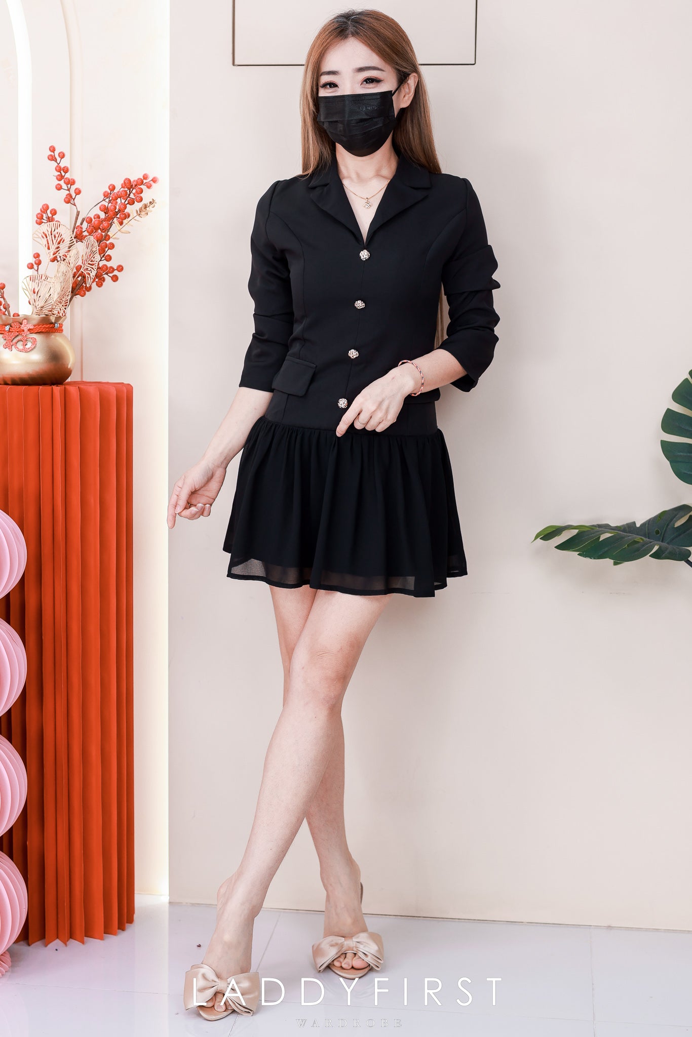 【D81181】高品质韩系御姐风长袖西装拼接雪纺连身裙子 ❤❤【A-R2-C1】