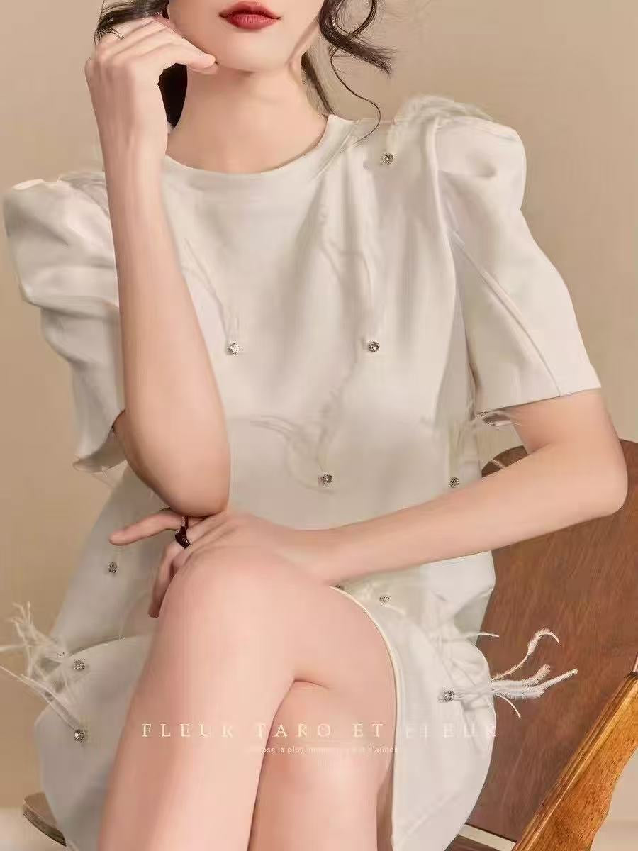 【D8808】🌟现货🌟高品质羽毛水钻时尚甜美连身裙子 ❤️❤️