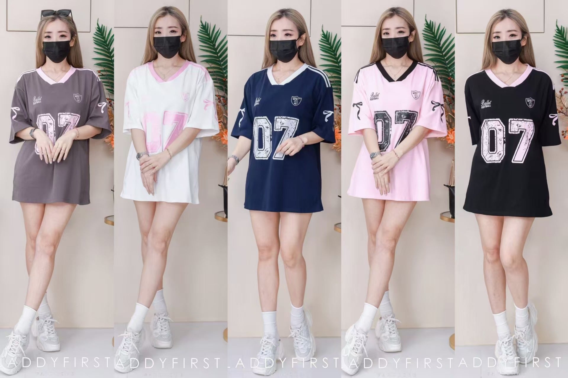 【T110906】高品质V领拼色07运动风纯棉弹力Oversized 日常休闲上衣 ❤❤ 【A-R3-C1】