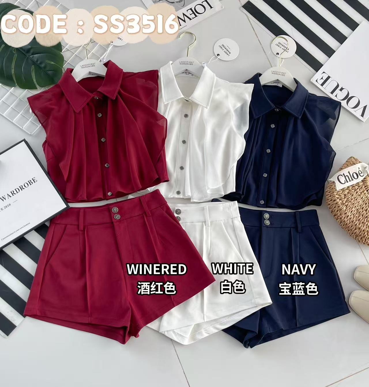 【SS3516】【LFW独家小圆饼】高品质两件式时尚百搭西装套装 翻领西装拼接雪纺上衣➕西装高腰百搭短裤，有口袋 ❤️❤️