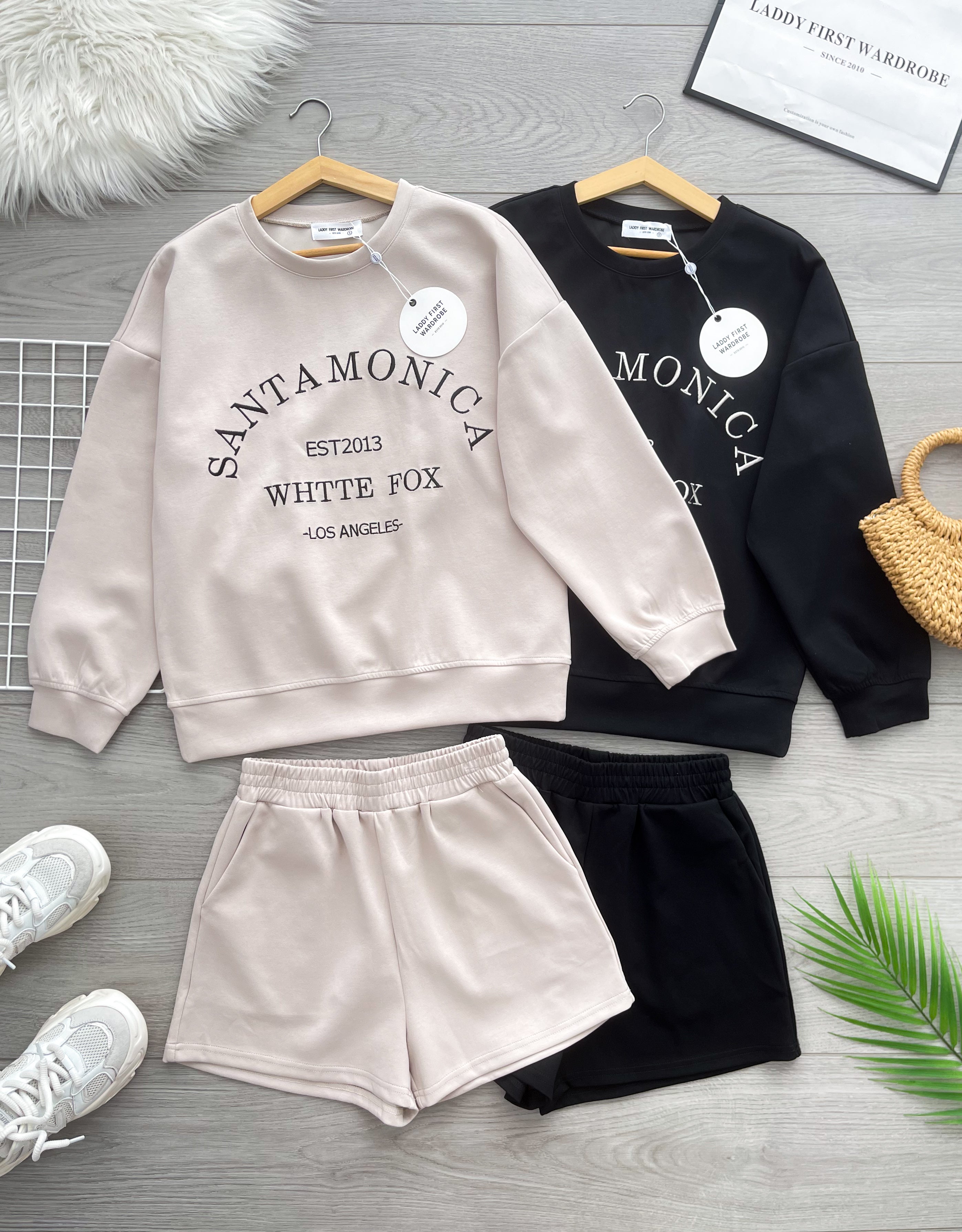 【SS3544】🌟推荐🌟【LFW独家小圆饼】高品质空气棉质宽松版简约休闲套装 宽松版刺绣字母长袖上衣➕松紧腰弹力休闲百搭短裤，有口袋 ❤️❤️