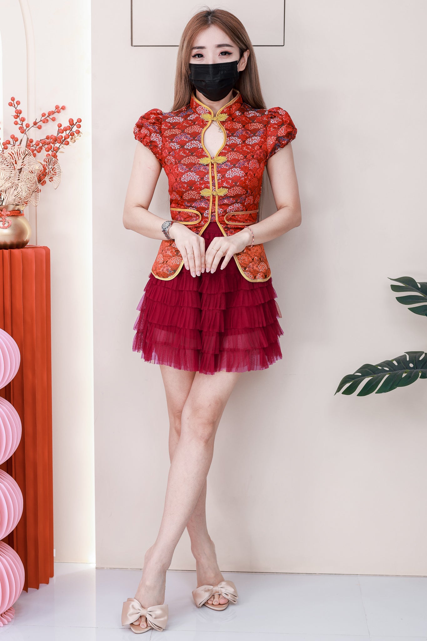 【SS110847】高品质两件式特别设计感提花拼接网纱旗袍套装 泡泡袖提花旗袍上衣➕层次网纱蛋糕裙子，内层有里布短裤 ❤️❤️