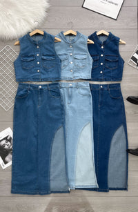 【SS16949】高品质两件式韩式COTTON JEANS牛仔时尚套装 牛仔无袖上衣➕性感开叉设计牛仔高腰裙子 ❤️❤️【A- R1-C6】