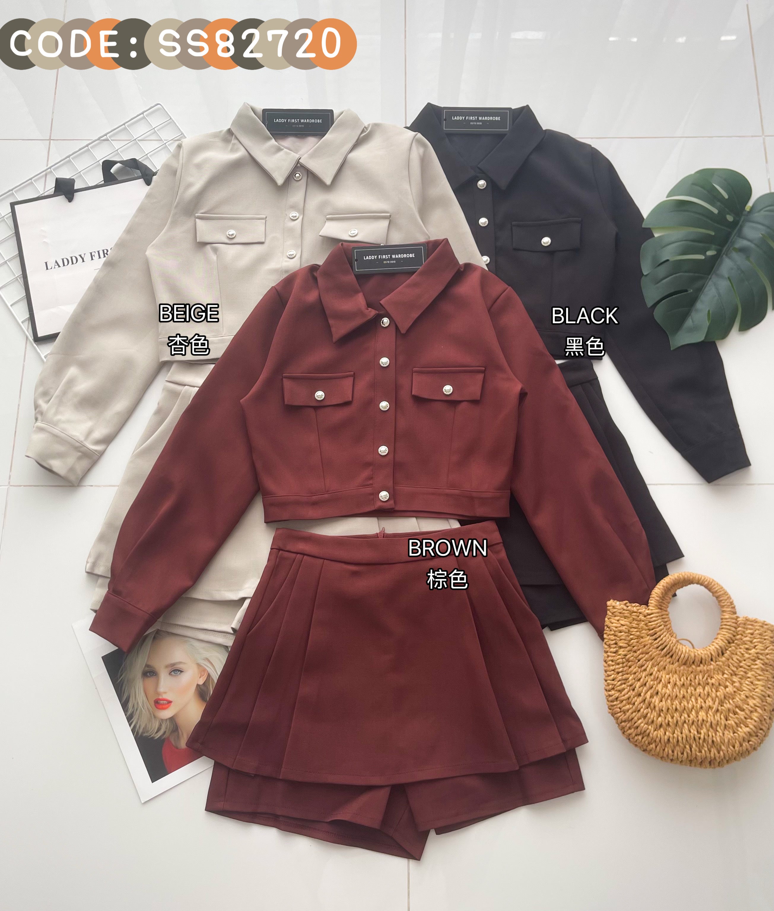 【SS82720】【补厂家现货⚡⚡】高品质两件式韩版工装风套装 翻领长袖上衣/外套➕高腰百搭百褶裤裙，前后裙 ❤️❤️