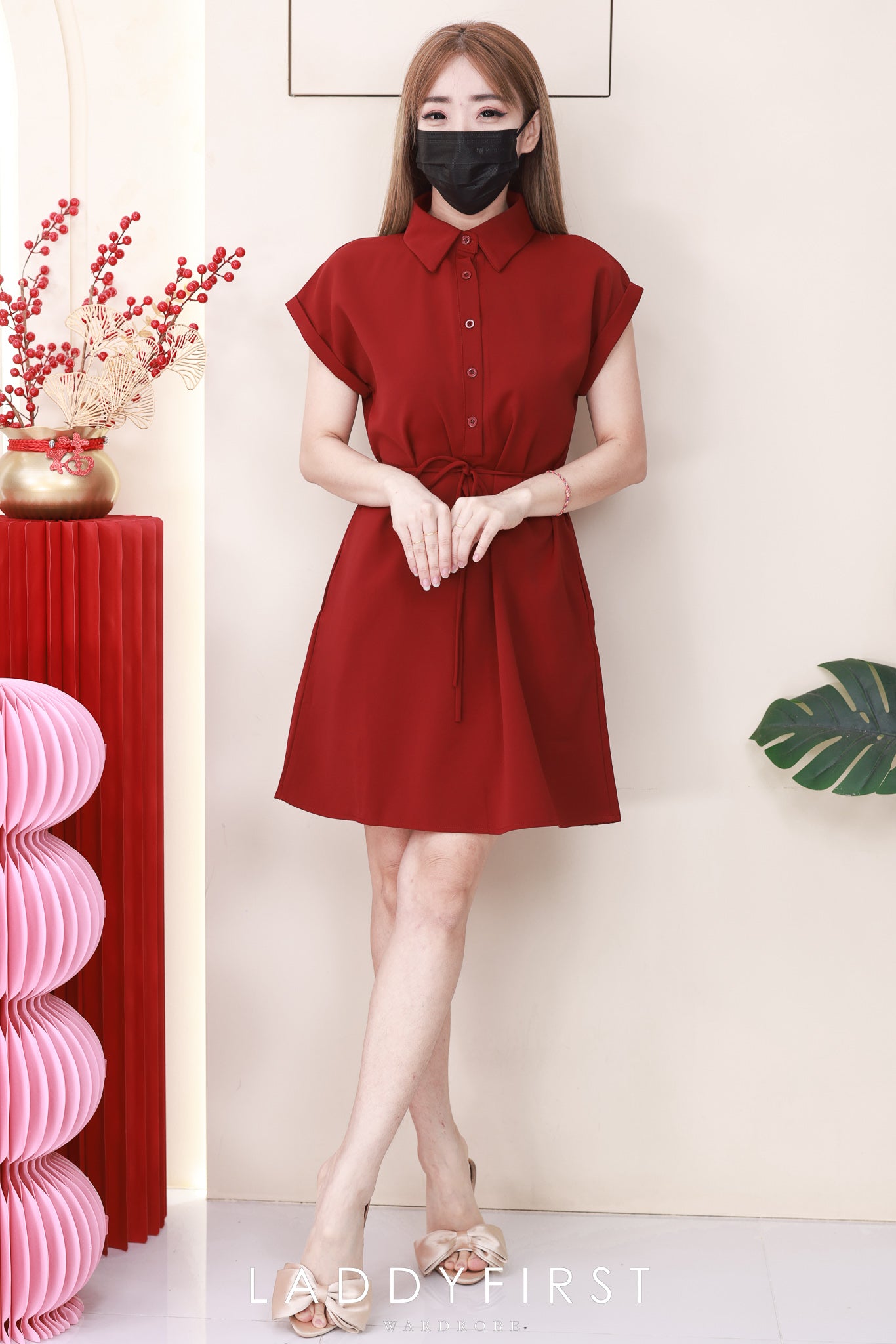 【D1783】独家爆款高品质翻领短袖收腰自绑细带西装垂感慵懒休闲风连身裙子，有口袋 ❤️❤️【A-R2-C1】