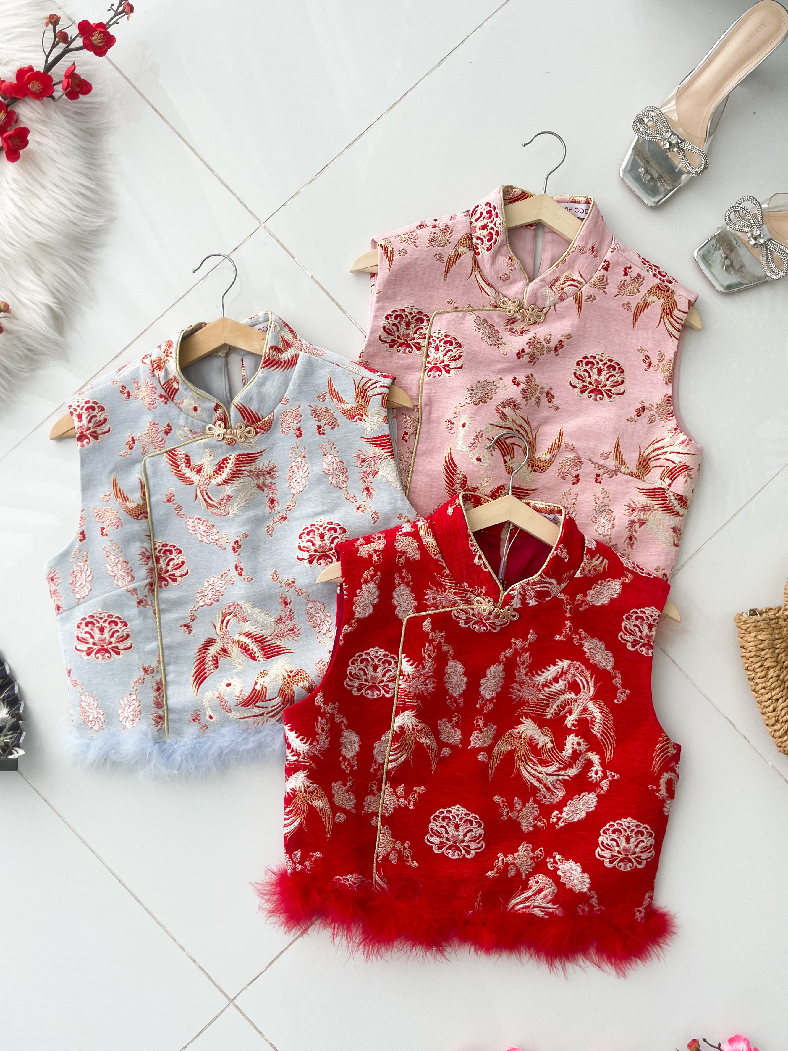 【T14551 / 65342】高品质高端气质雪尼尔拼接毛毛提花旗袍上衣 ❤❤