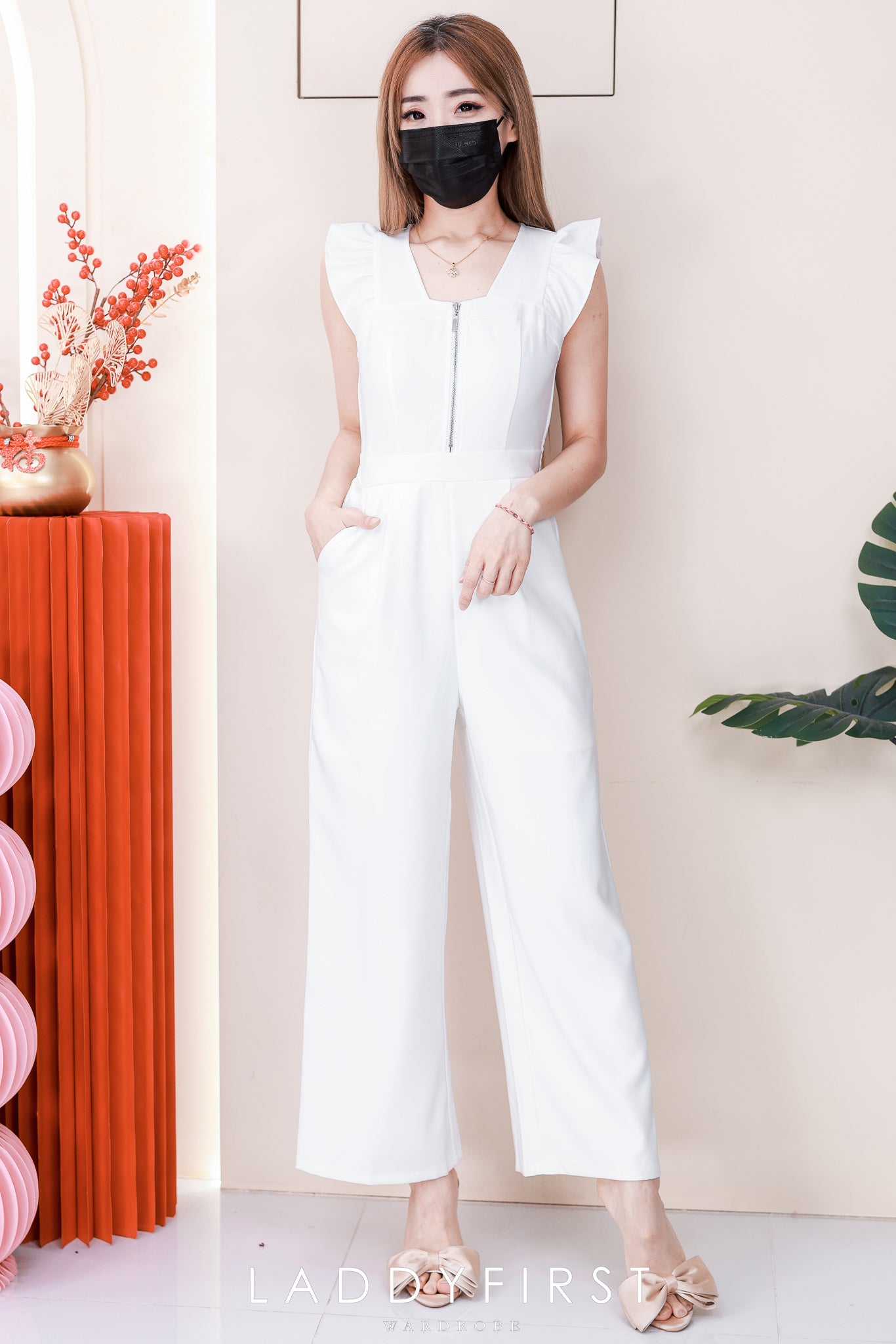 【D22580】高品质无袖荷叶边简约款西装连身长裤，有口袋 ❤❤【B-RU】