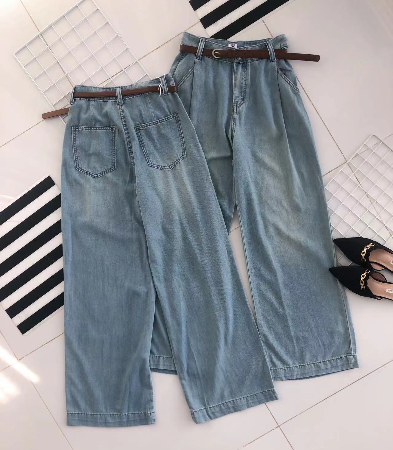 【L90351】高品质天丝牛仔阔脚直筒高腰长裤 ，搭配配送腰带，有口袋 ❤️❤️ 【A-R1-C2】