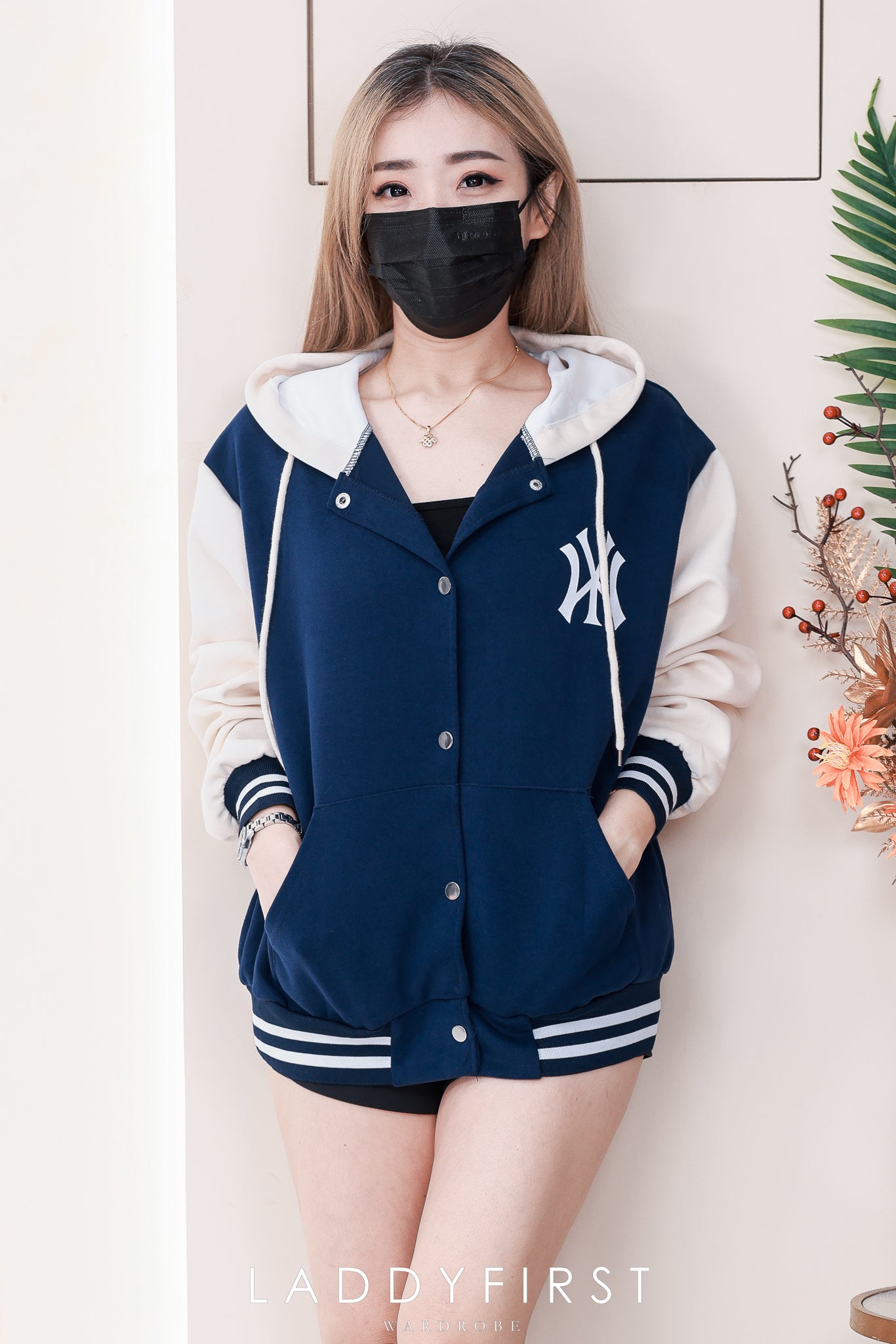 【JK805】高品质气质感撞色系NY连帽长袖卫衣，按扭设计有口袋 ❤❤