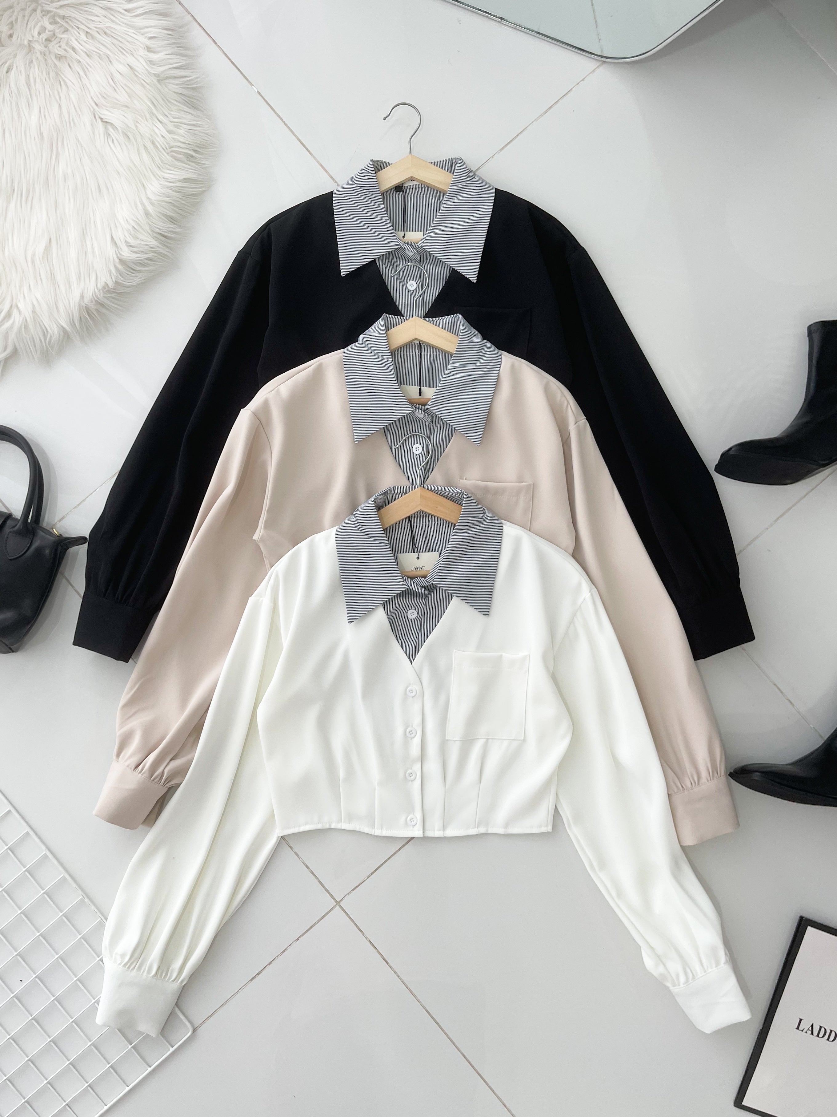 【T98793】高品质假两件线条翻领拼接西装长袖上衣 ❤❤