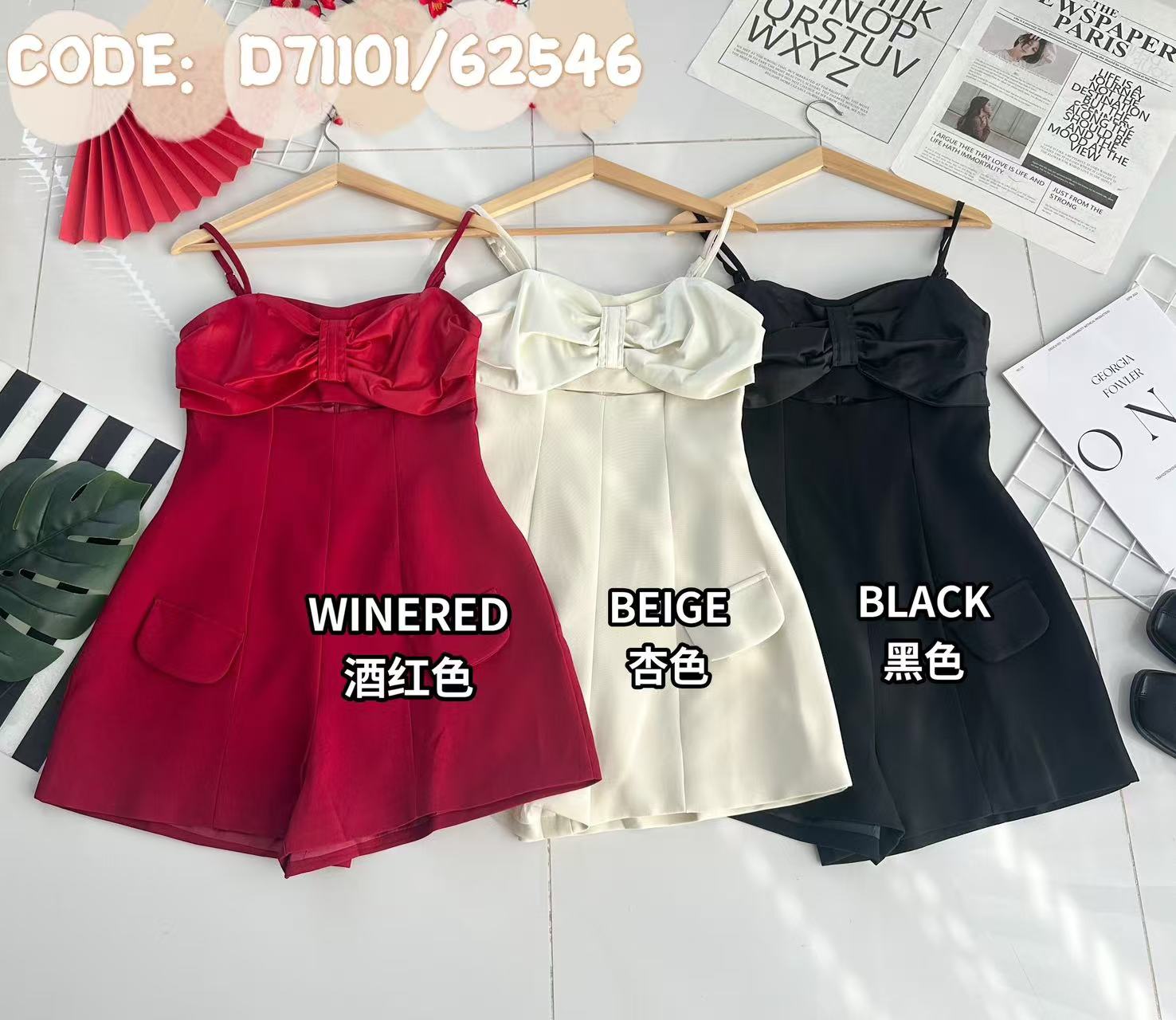 【D71101 / 62546】高品质自调无袖简单蝴蝶结领口西装连身短裤 ❤❤【B-R1-C2】