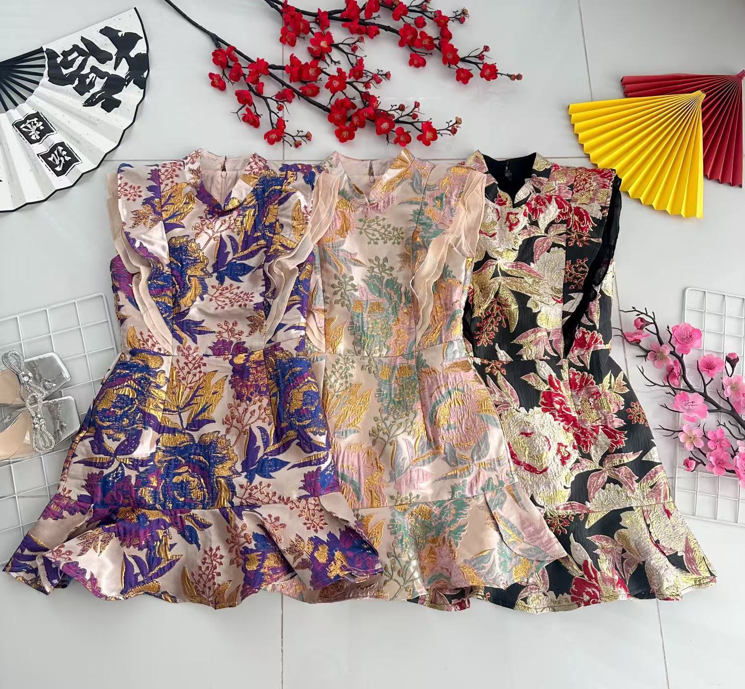【D22346】高品质高端气质无袖荷叶边提花旗袍连身裙子，内层有里布短裤 ❤❤