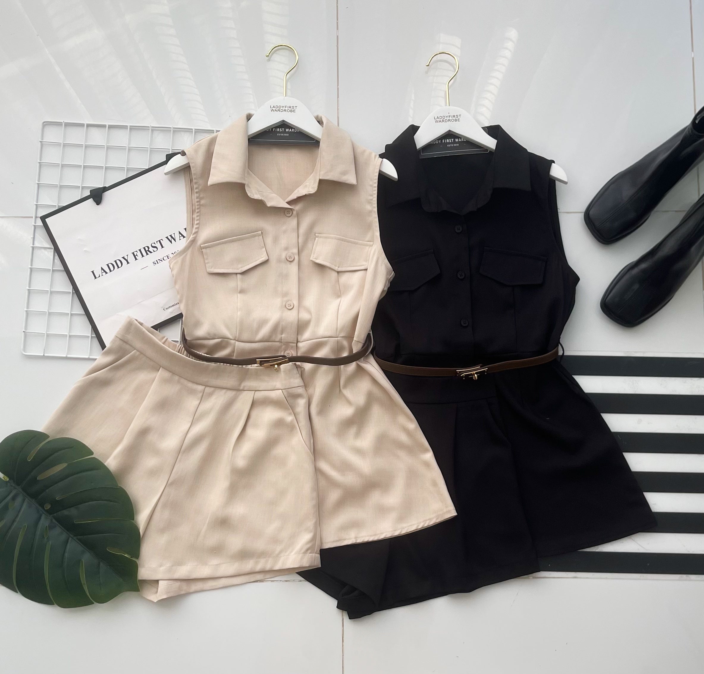 【SS21826 / 19849】高品质两件式韩系气质极简时尚套装 翻领衬衫裙上衣 ➕高腰百搭短裤，有口袋 ❤️❤️