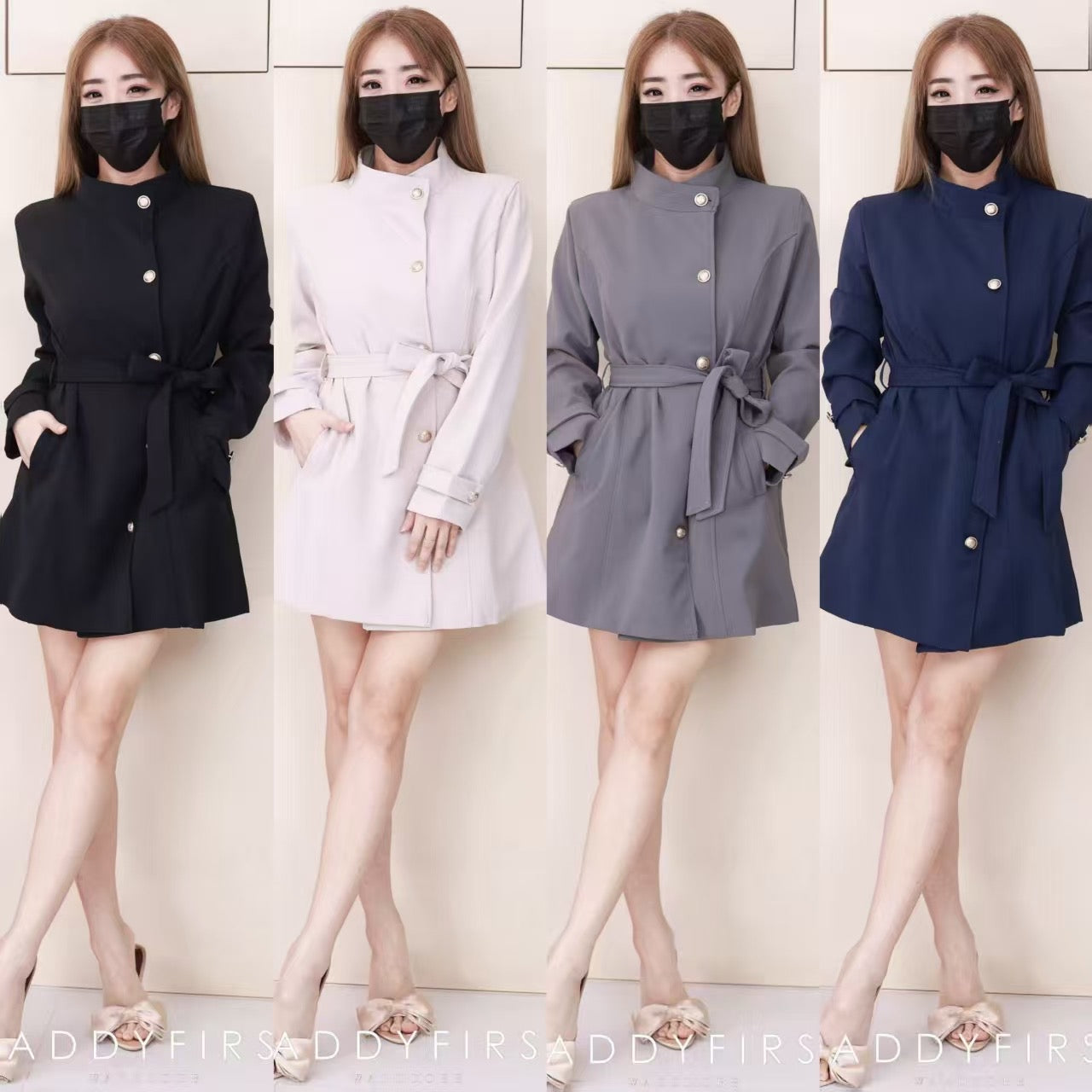 【JK2358】高品质韩式度假风气质立领长袖风衣外套/连身裙子，自辨腰带收腰，有口袋 ❤️❤️