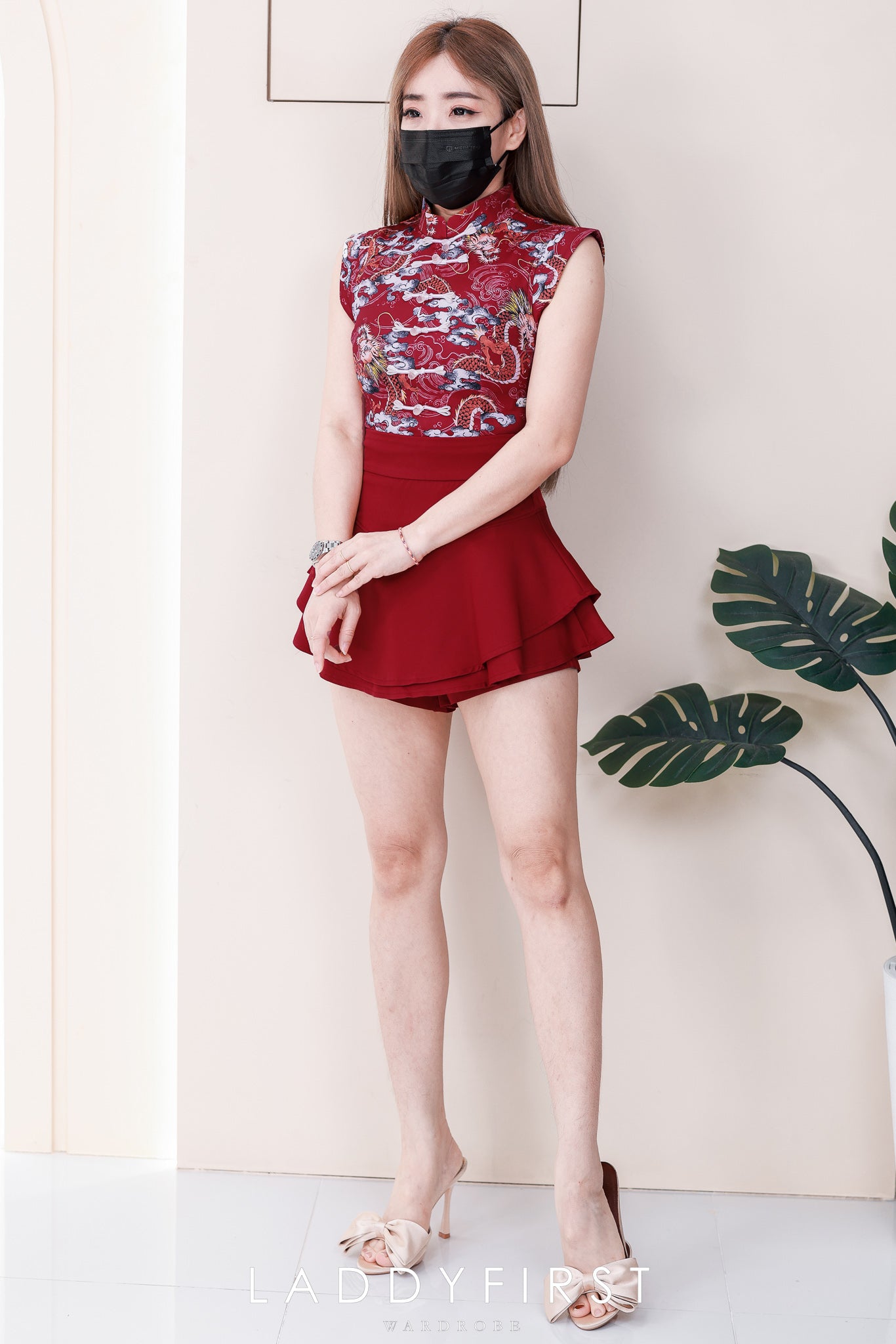 【SS3508】【LFW独家小圆饼】高品质两件式祥龙🐉图腾国潮唐装旗袍套装 立领盘扣无袖旗袍上衣➕假两件式西装高腰裤裙 ❤️❤️