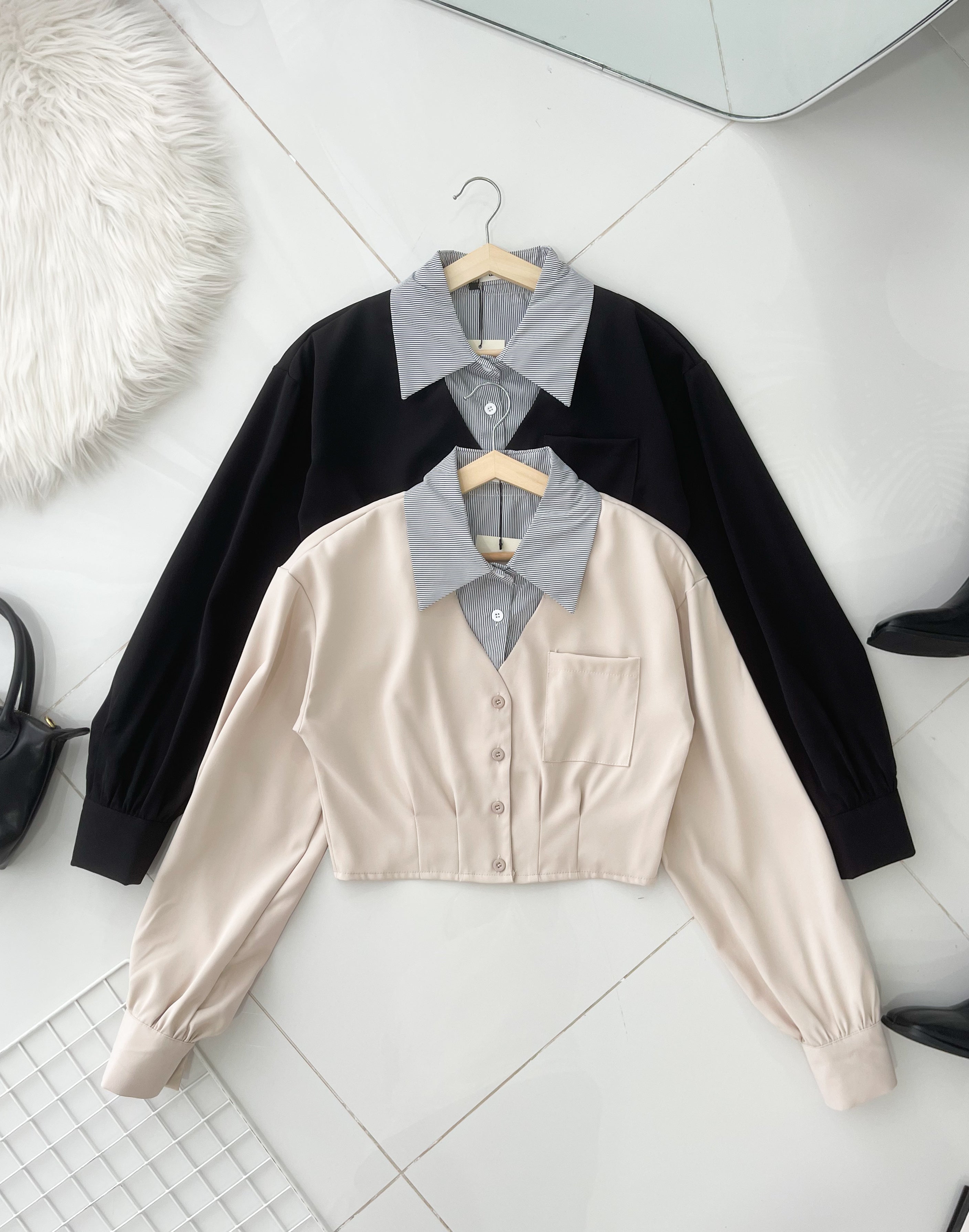 【T98793】高品质假两件线条翻领拼接西装长袖上衣 ❤❤