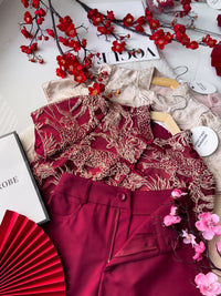 【SS3471】【LFW独家小圆饼】高品质两件式高端气质时尚提花旗袍套装 立领短袖盘扣提花旗袍上衣➕西装高腰百搭短裤，有口袋 ❤️❤️ 【D-R1-C5】