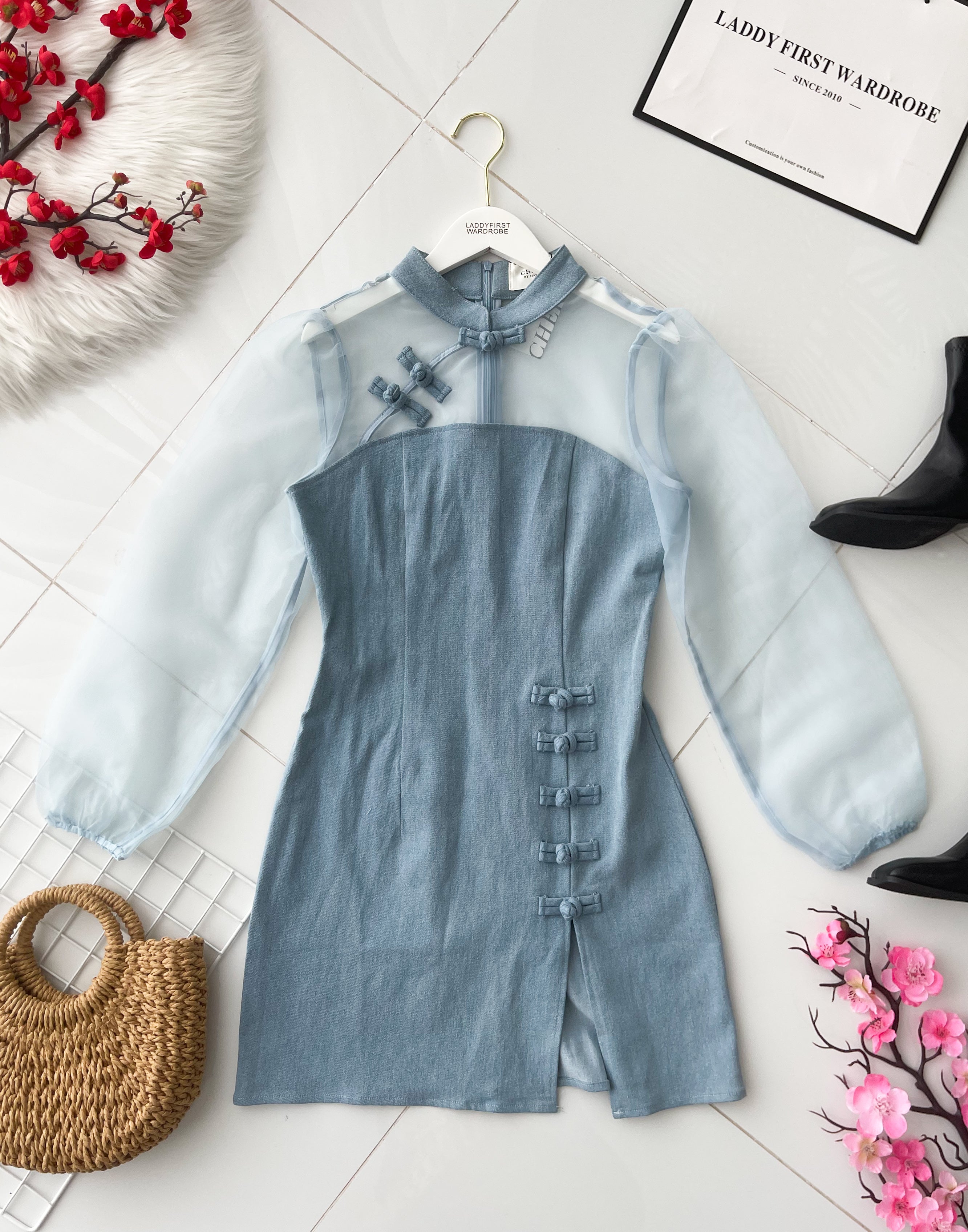 【D2640】高品质优雅气质透视网纱拼接牛仔旗袍连身裙子 ❤❤【B-R2-C4】