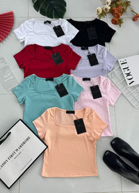 【T6022】高品质纯棉弹力方领短袖简约日常百搭款上衣 #衣柜必入手百搭款 ❤❤【A-R2-C6】