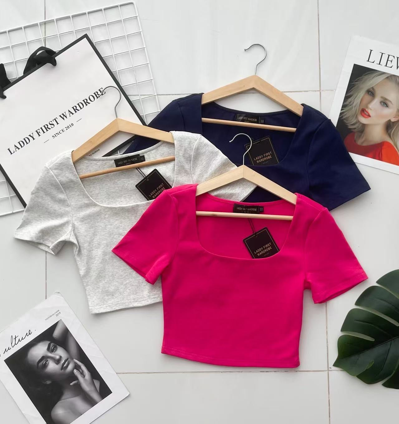 【T3371】前双后单层方领纯棉弹力百搭上衣 ❤❤ 【C-R1-C5】