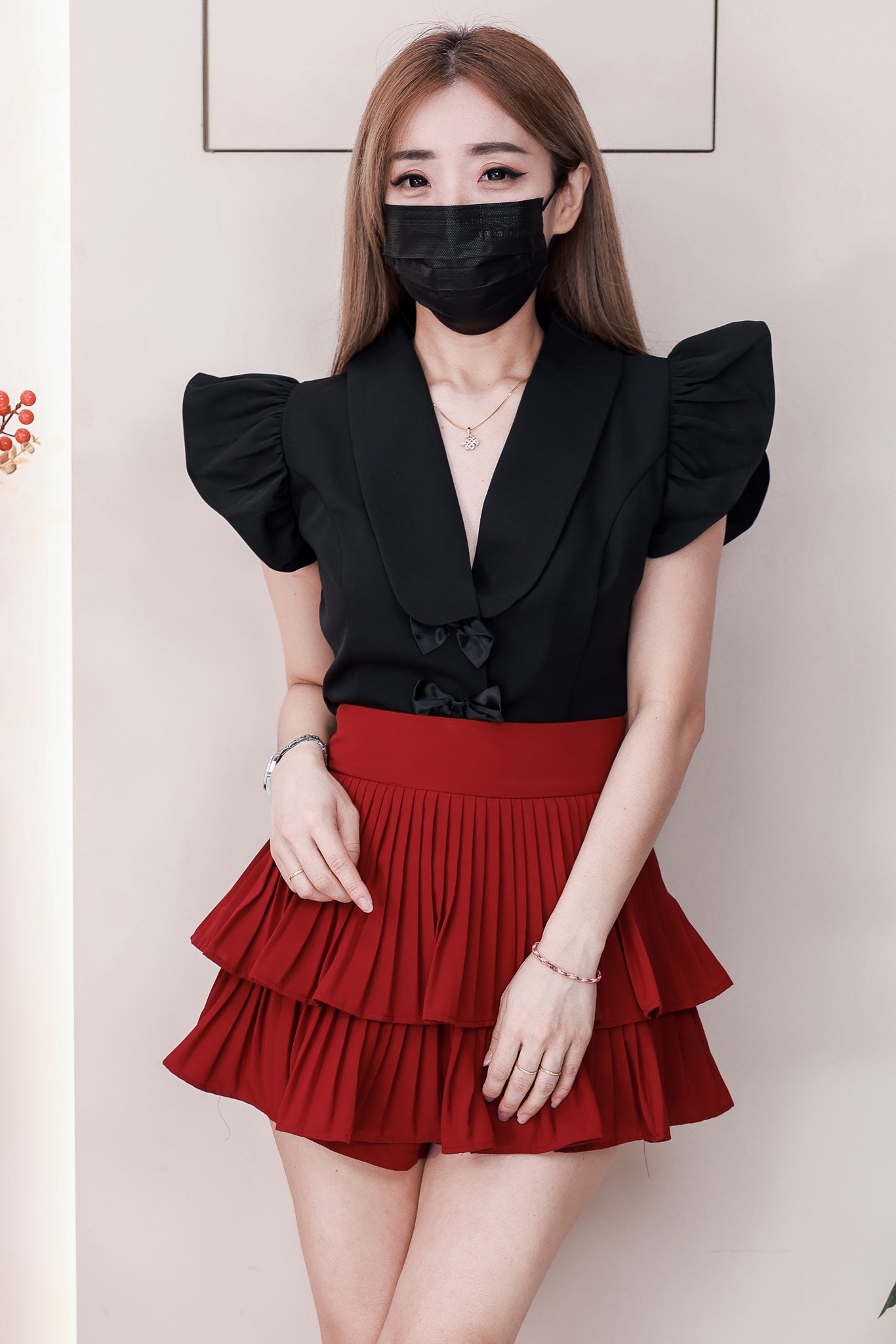 【T8238751】高品质V翻领荷叶袖甜美蝴蝶结设计时装上衣 ❤❤