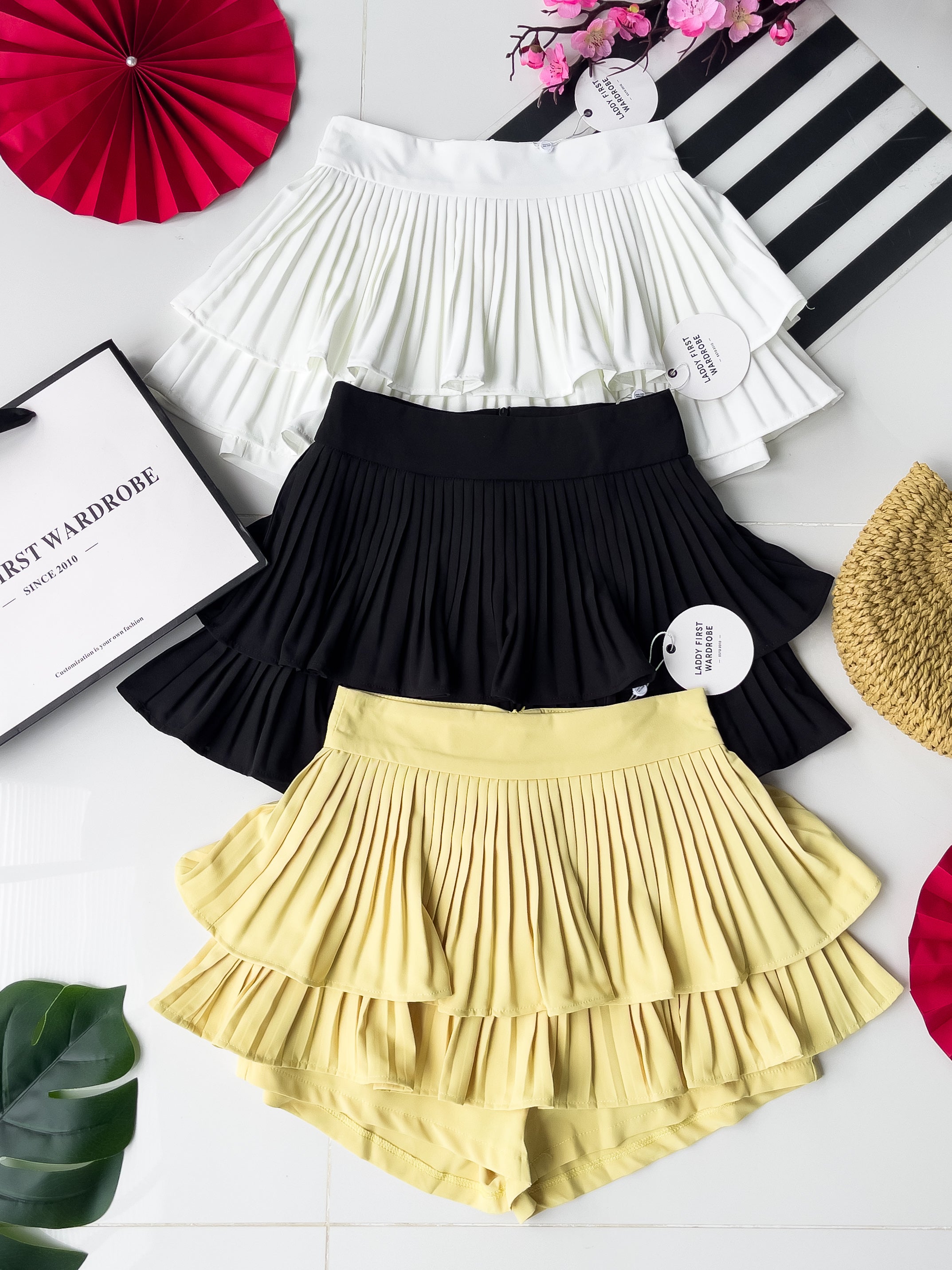 【S68135】【LFW独家小圆饼】【直播间搭配】双层蛋糕百褶荷叶边高腰显瘦西装裙子，内层防走光短裤 ❤️❤️ 【C-R3-C5】