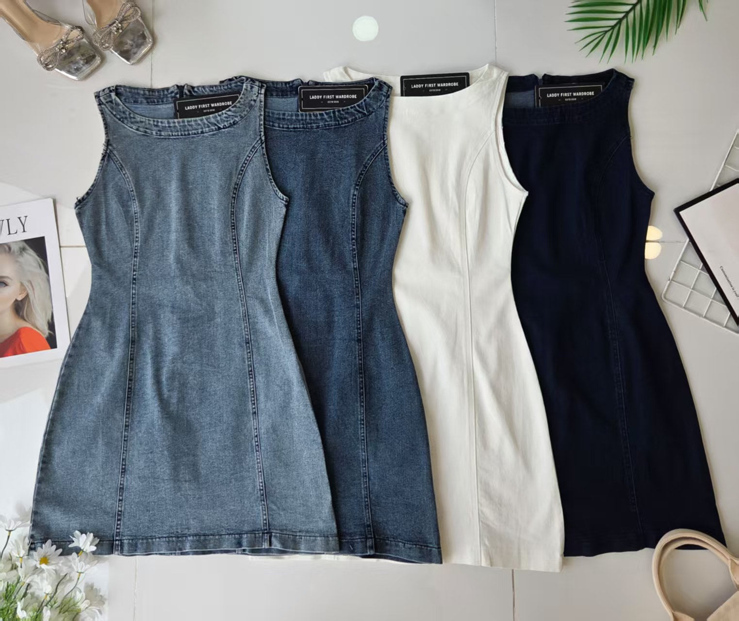 【D83262】高品质Cotton Jeans无袖牛仔弹力连身裙子 ❤️