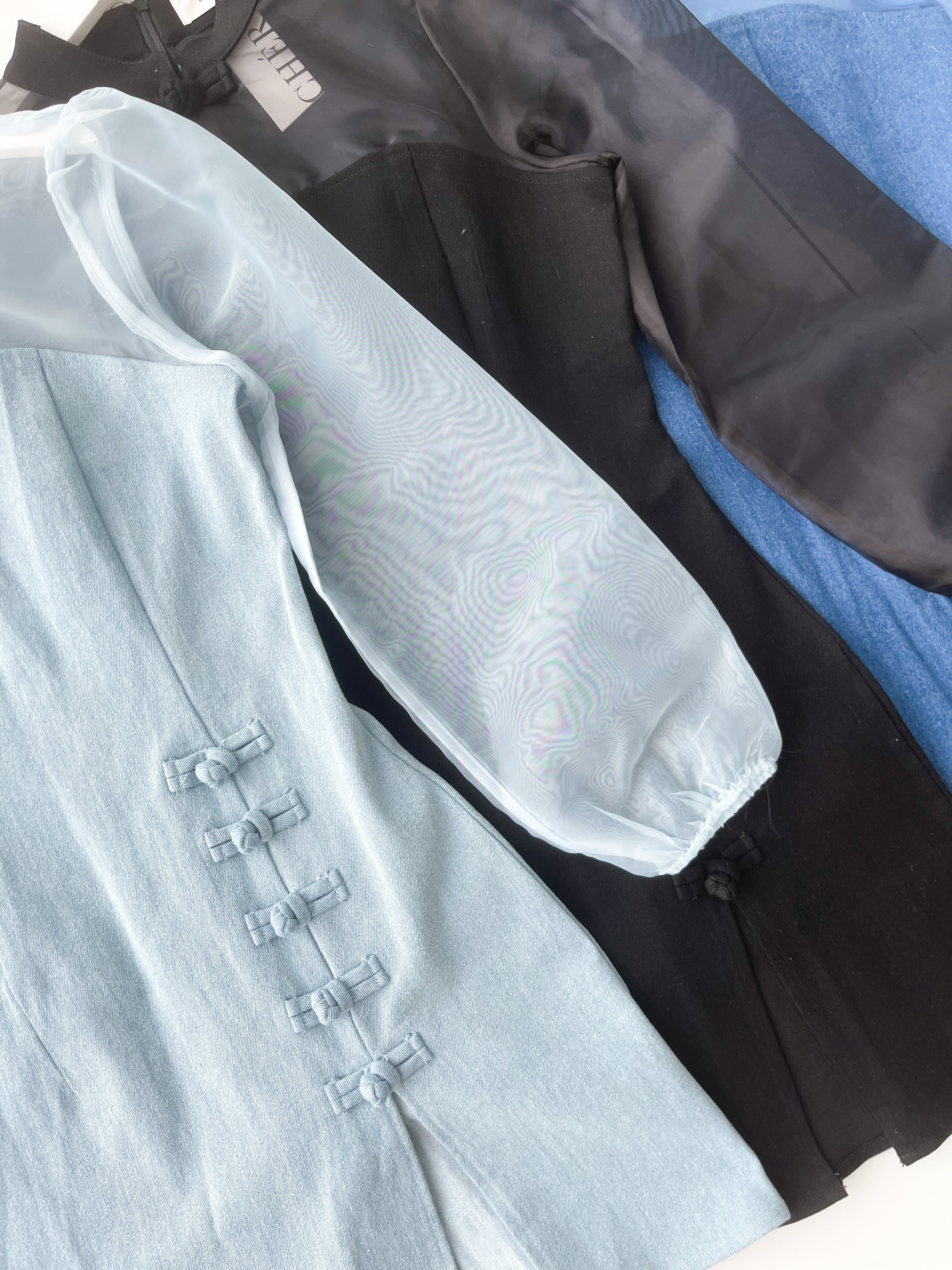 【D2640】高品质优雅气质透视网纱拼接牛仔旗袍连身裙子 ❤❤【B-R2-C4】