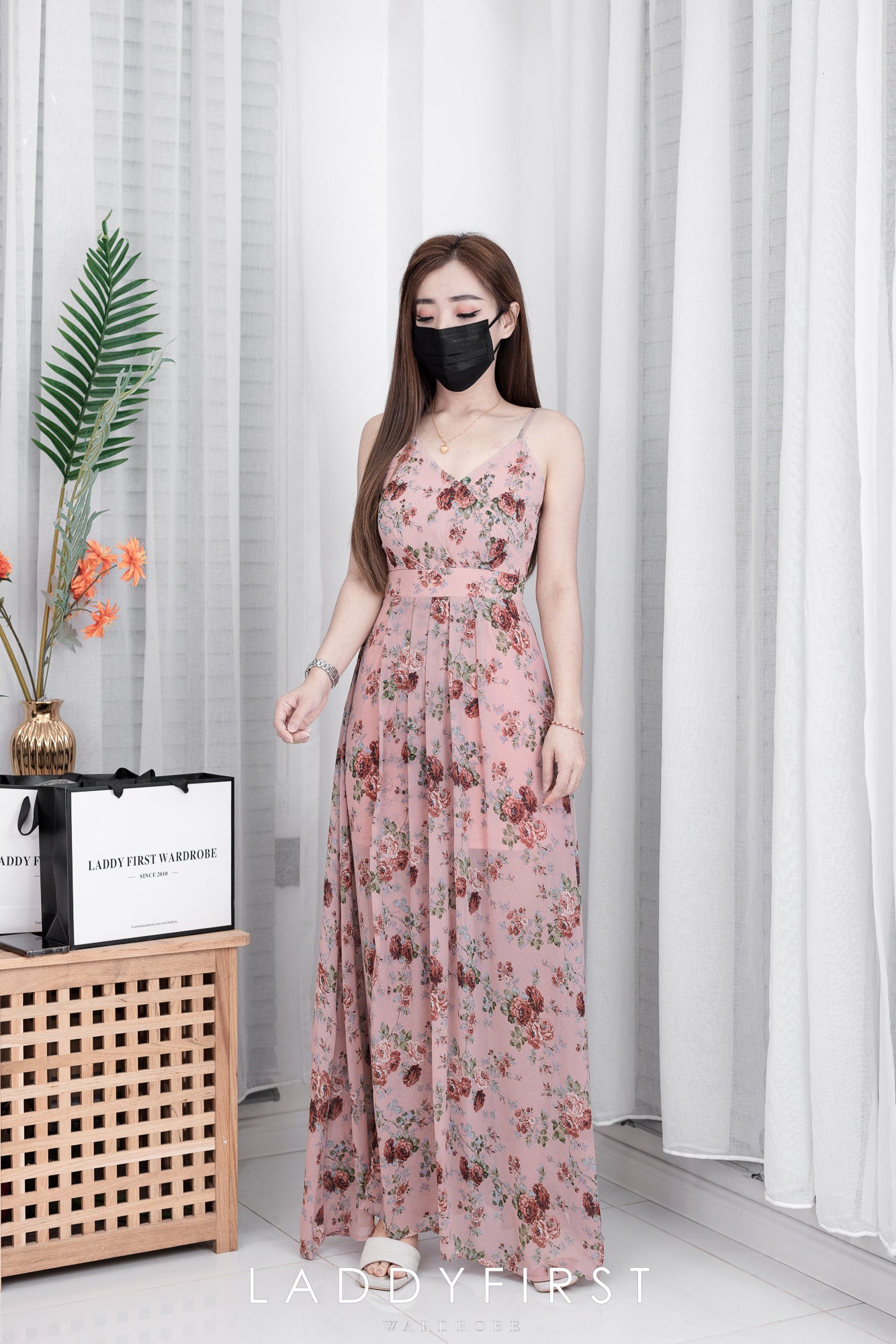 【D22894】独家爆款性感V领吊带碎花雪纺连身长裙，肩带可调节【A-R2-C6】