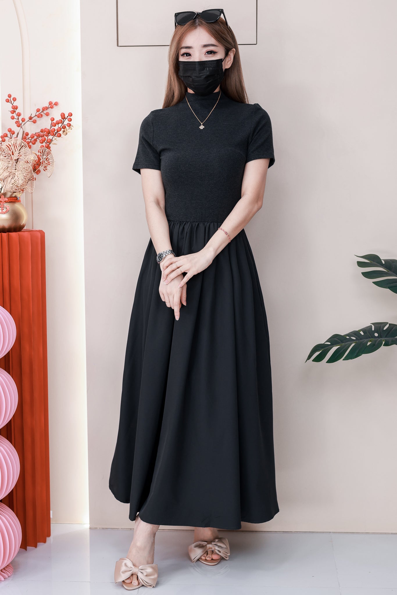 【D98818】高品质半高领纯棉弹力短袖上衣拼接雪纺连身长裙，腰间伸缩弹力 ❤❤