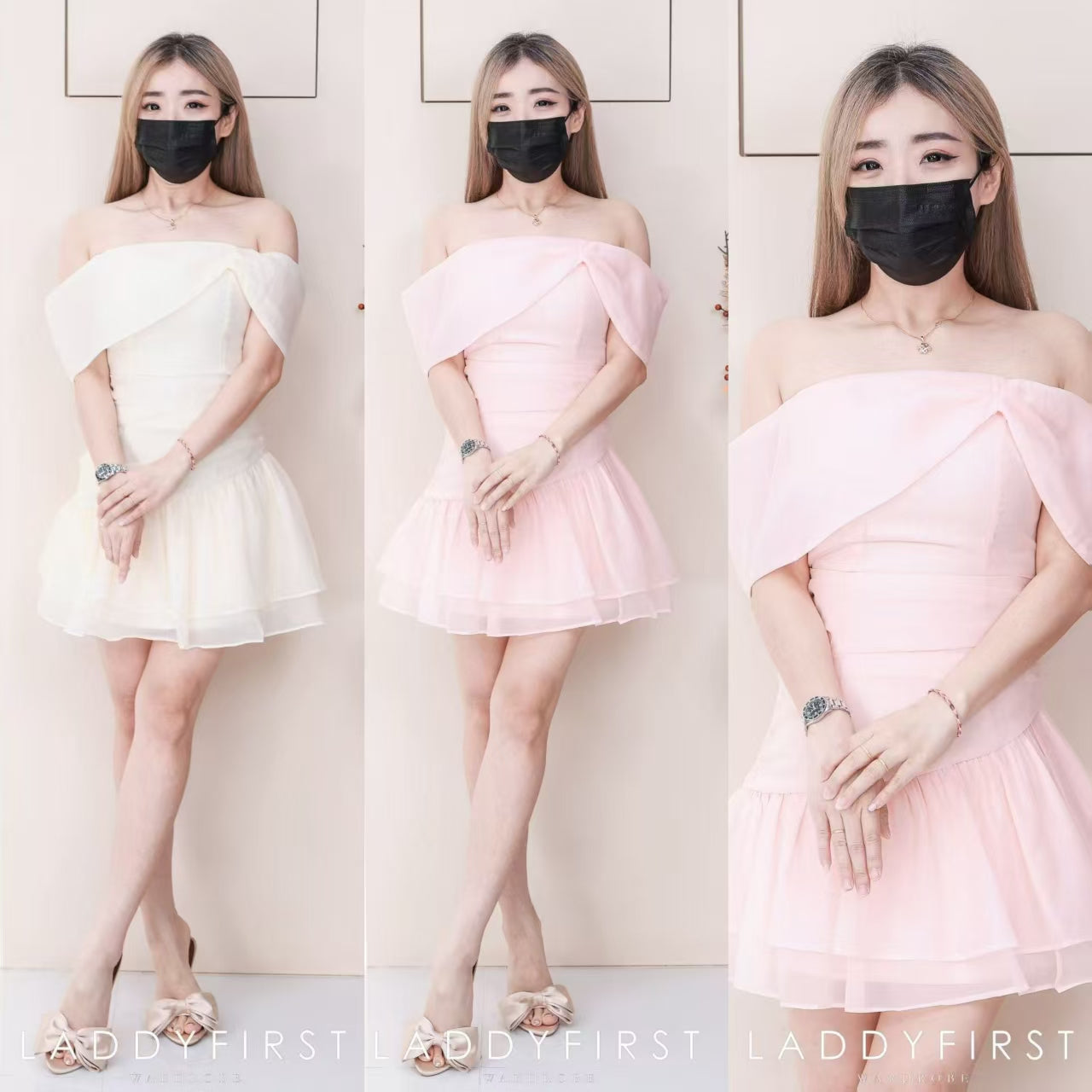 【D8238081】高品质气质温柔风一字肩亮面网纱连身裙子 ❤️❤️ 【B-R1-C3】
