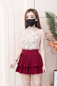 【SS3400】【独家小圆饼】两件式削肩套装 ,  鸵鸟毛拼接亮片Cut In上衣 ➕ 西装锦棉高腰显瘦短裤 , 有口袋【A-R2-C5】