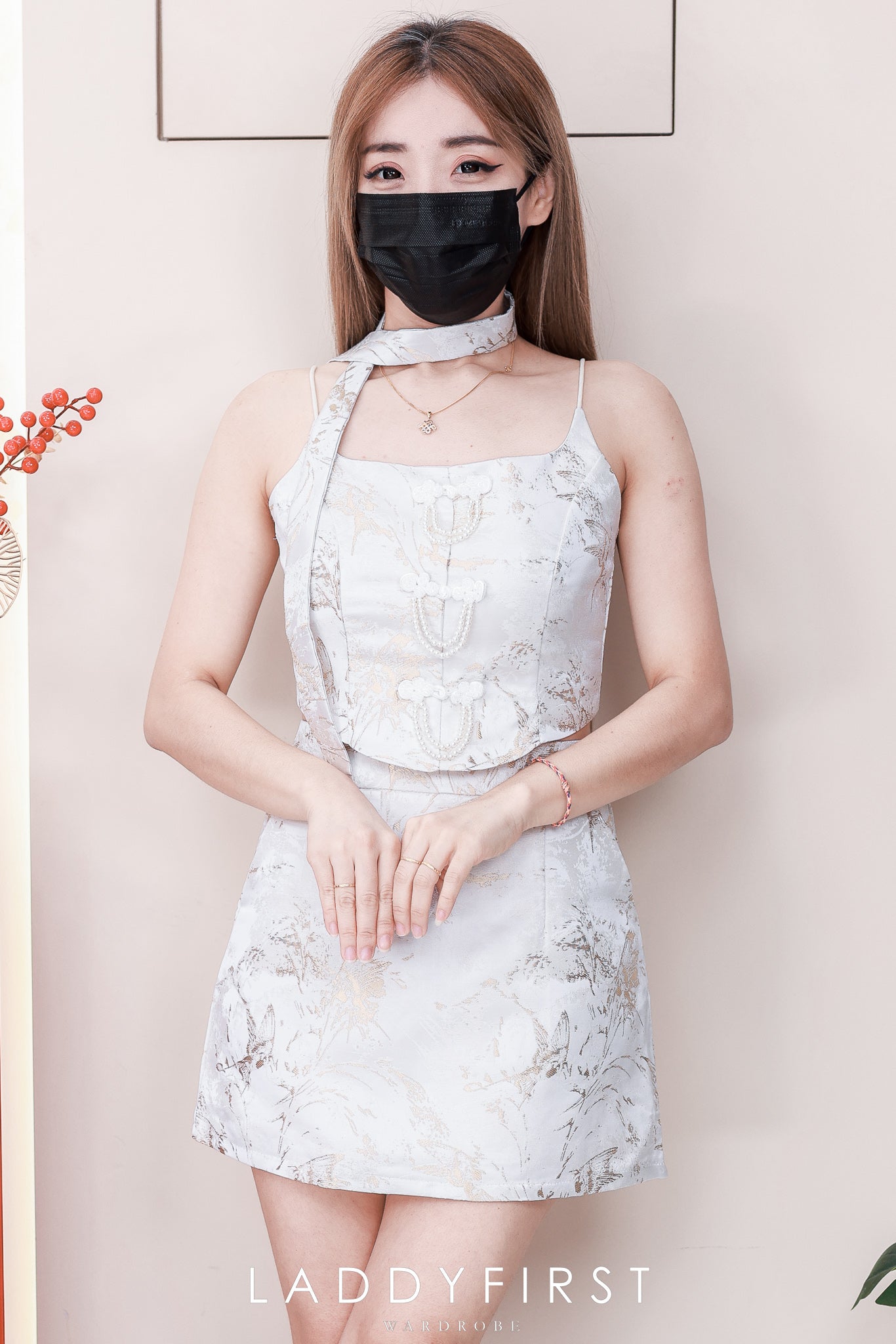 【SS21776 / 37581】高品质两件式气质国风新中式提花旗袍套装 无袖肩带花旗袍上衣➕提花高腰裙子，内层有里布短裤有口袋 ❤️❤️