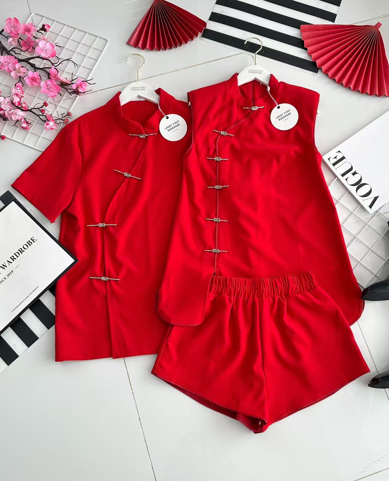 【SS3481】【LFW独家小圆饼】高品质两件式减龄洋气时尚新中式国风西装旗袍套装 排盘扣无袖旗袍连衣裙➕松紧腰弹力高腰百搭短裤，有口袋 ❤️❤️