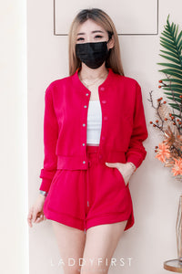 【SS3523】【LFW独家小圆饼】高品质高端气质厚实空气绵韩式时尚百搭套装 V领长袖外套上衣 按扭设计➕抽绳松紧腰百搭短裤，有口袋 ❤️❤️【B-R2-C4】
