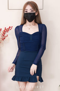 【D8228421】【LFW独家小圆饼】高品质透视网纱皱褶长袖上衣拼接荷叶摆西装连身裙子，内层里布短裤 ❤️❤️ 【E-R1-C3】