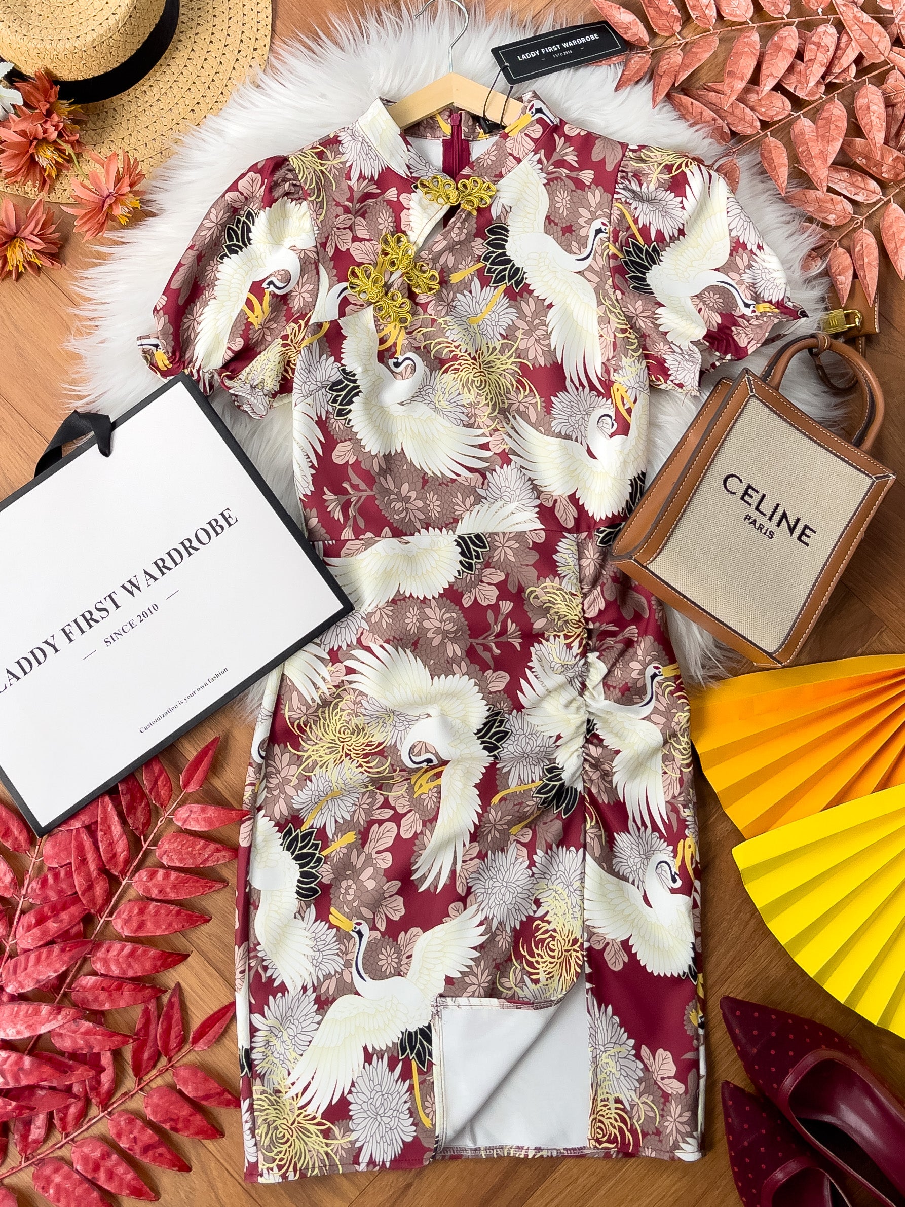 【D3313】独家爆款国潮仙鹤高端唐装旗袍连身裙子【B-R3-C2】