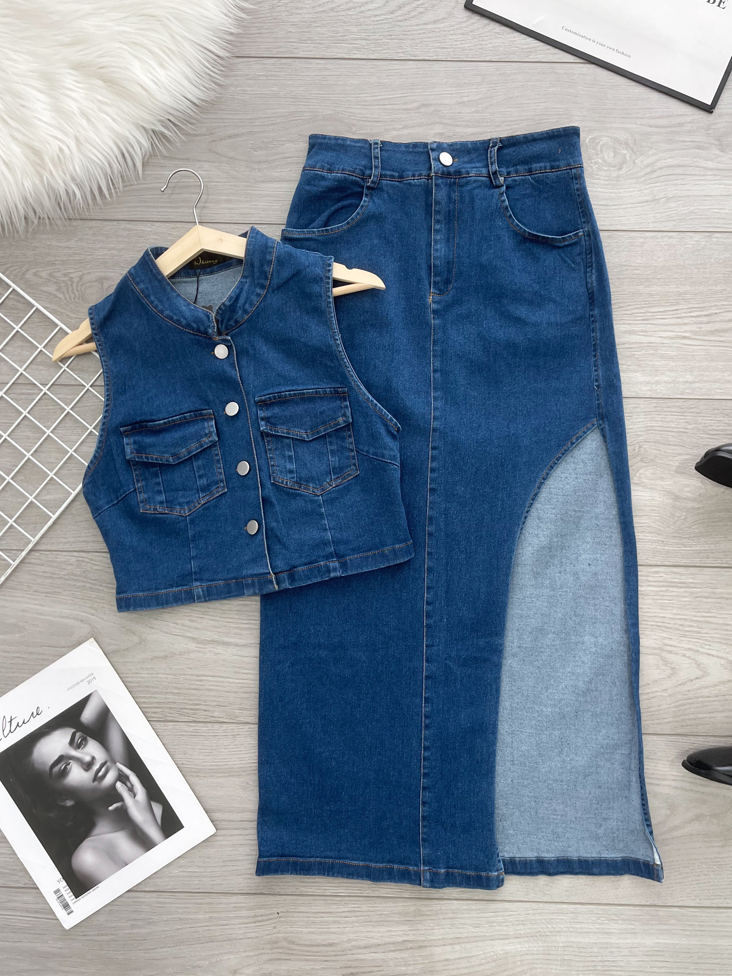 【SS16949】高品质两件式韩式COTTON JEANS牛仔时尚套装 牛仔无袖上衣➕性感开叉设计牛仔高腰裙子 ❤️❤️【A- R1-C6】