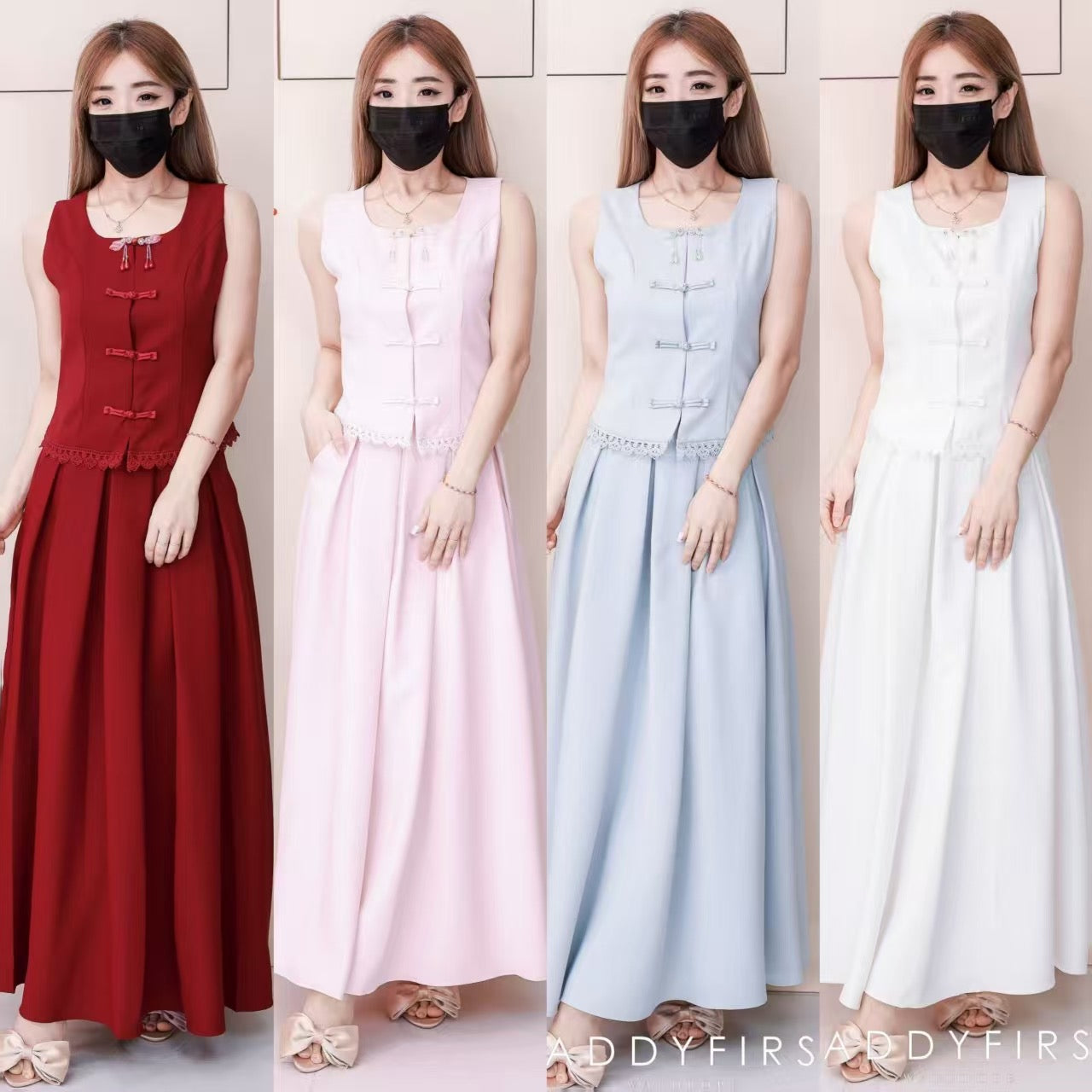 【SS2627】高品质两件式特出女神极简连旗袍套装 精致吊坠扣子无袖旗袍上衣➕ 阔摆高腰百搭长裙，有口袋 ❤️❤️