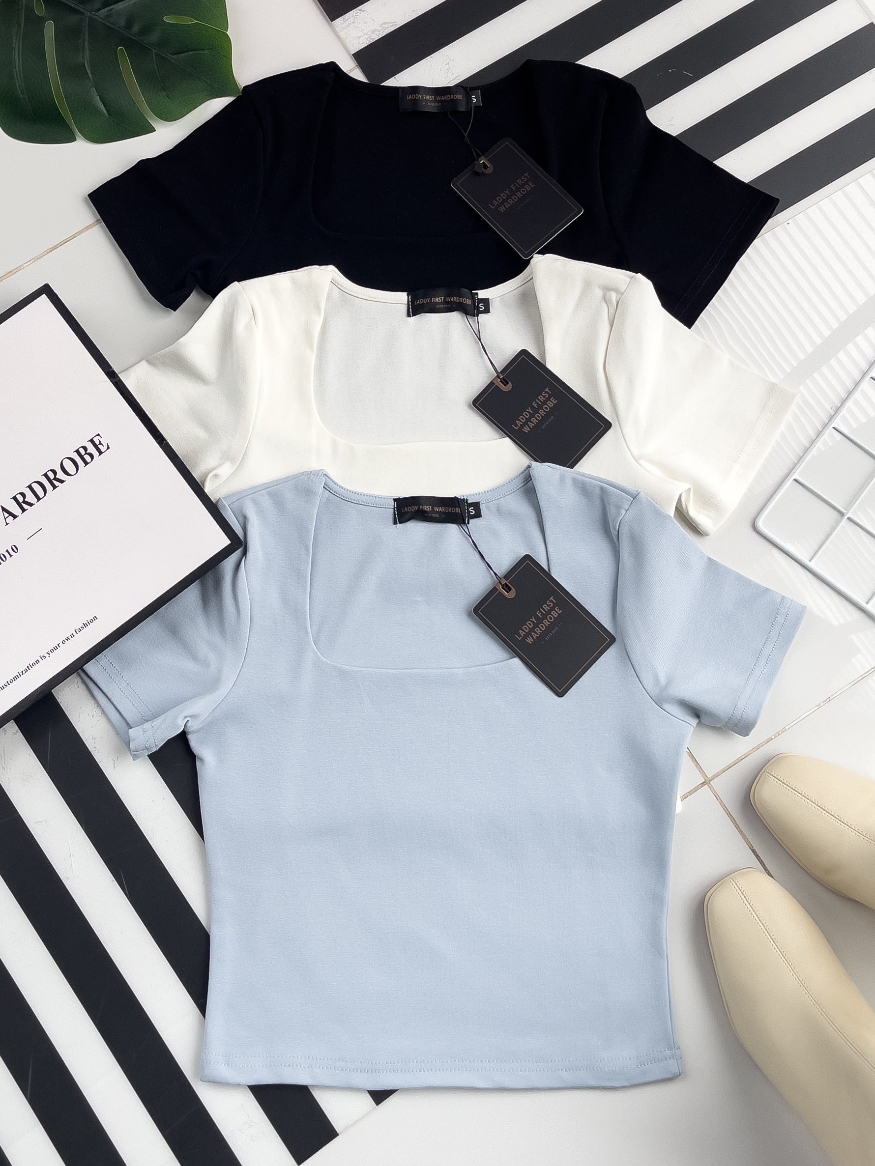 【T50152】LFW独家爆款高品质无痕双层方领短袖纯棉弹力简约日常百搭款上衣 ❤❤ 【A-R1-C3】