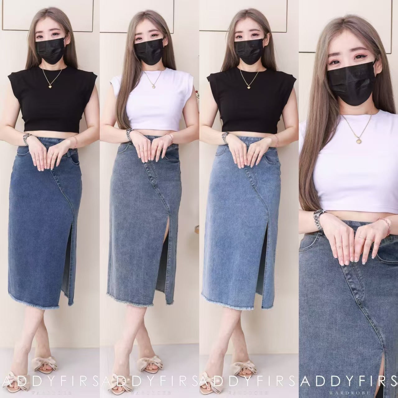 【L121417】高品质COTTON JEANS牛仔弹力韩系时尚开叉设计高腰裙子，有口袋 ❤️❤️