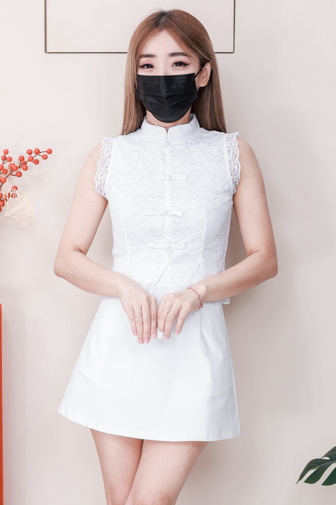 【SS6809】高品质两件式弹力蕾丝旗袍套装 盘扣设计蕾丝旗袍上衣➕前后裙西装高腰百搭裙子，内层有里布短裤，有口袋 ❤️❤️