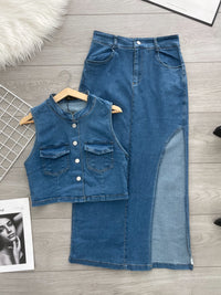 【SS16949】高品质两件式韩式COTTON JEANS牛仔时尚套装 牛仔无袖上衣➕性感开叉设计牛仔高腰裙子 ❤️❤️【A- R1-C6】