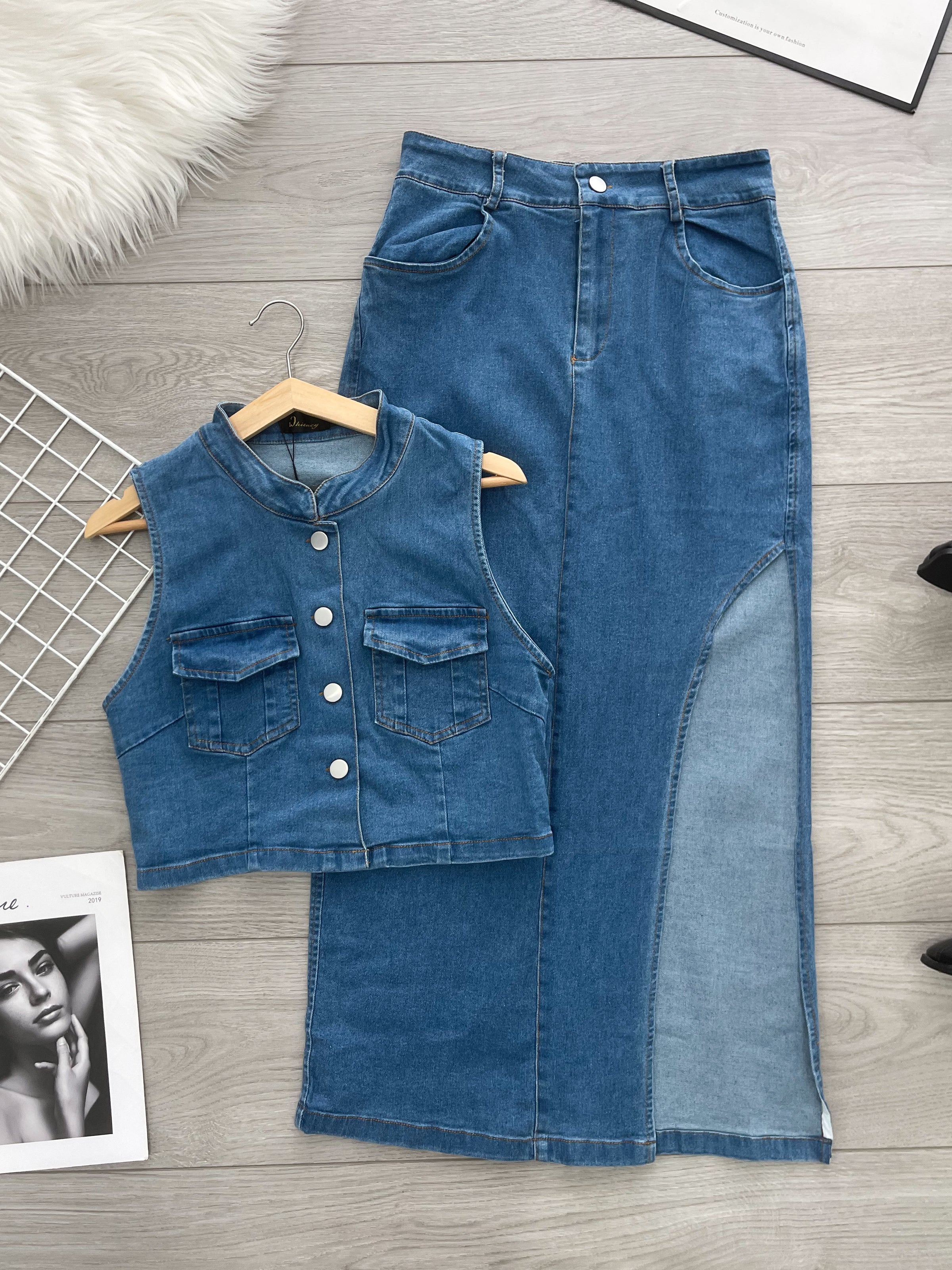 【SS16949】高品质两件式韩式COTTON JEANS牛仔时尚套装 牛仔无袖上衣➕性感开叉设计牛仔高腰裙子 ❤️❤️【A- R1-C6】