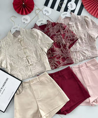 【SS3471】【LFW独家小圆饼】高品质两件式高端气质时尚提花旗袍套装 立领短袖盘扣提花旗袍上衣➕西装高腰百搭短裤，有口袋 ❤️❤️ 【D-R1-C5】