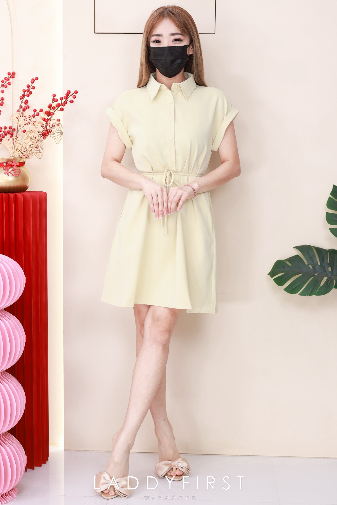 【D1783】独家爆款高品质翻领短袖收腰自绑细带西装垂感慵懒休闲风连身裙子，有口袋 ❤️❤️【A-R2-C1】