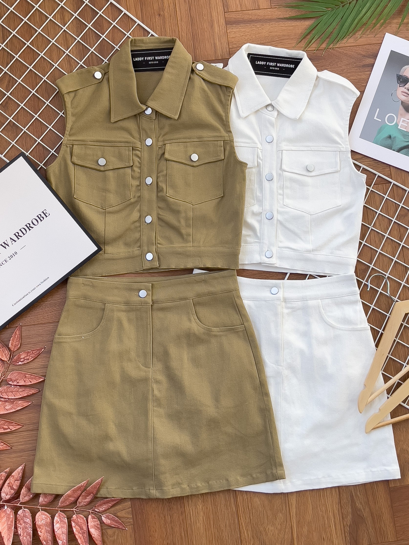 【SS14932】两件式牛仔时装套装 翻领无袖马甲上衣➕牛仔高腰裙子，内层有里布短裤