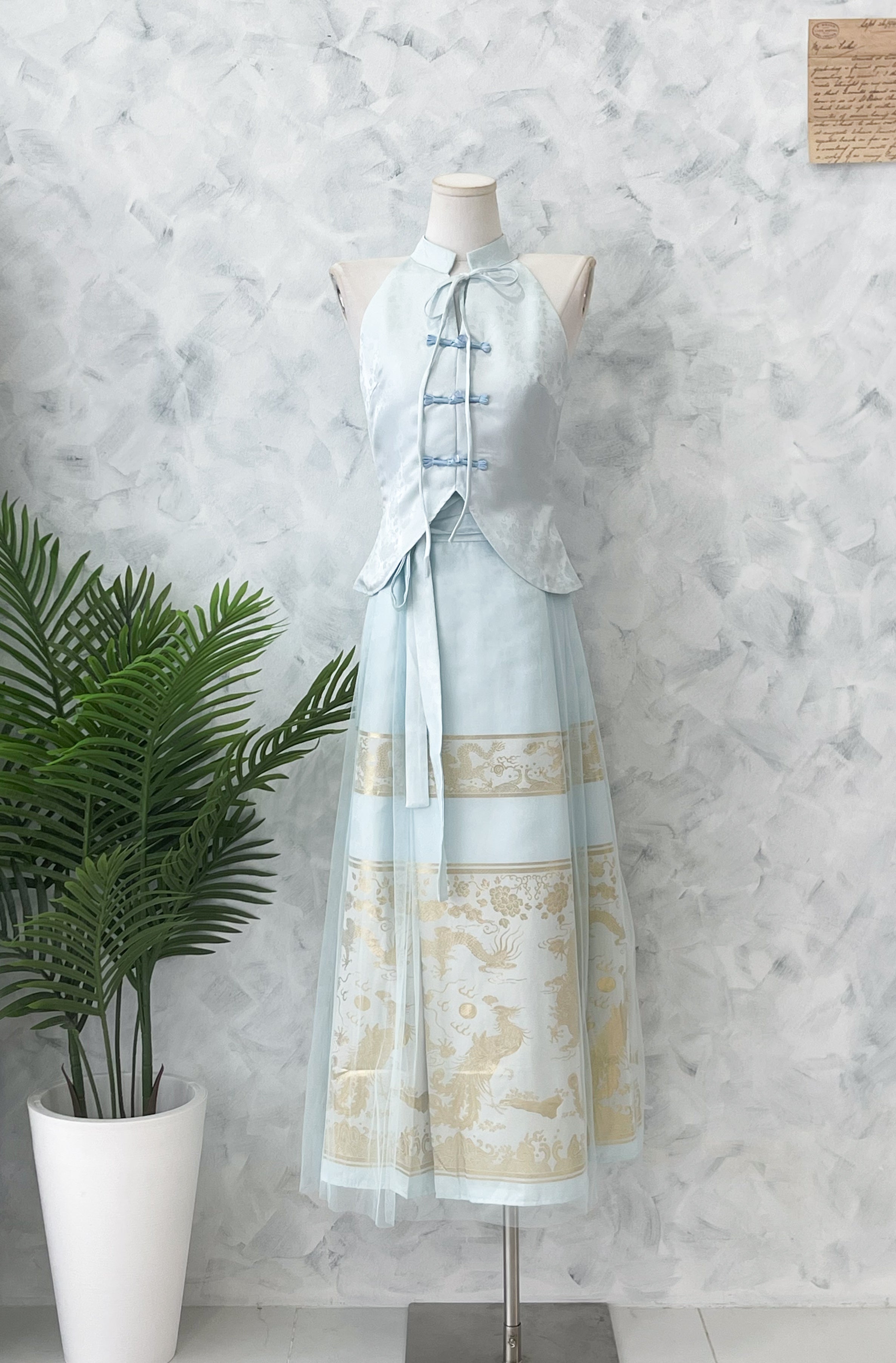 【SS2707】高品质两件式高贵贵气金线龙凤展翔马面裙旗袍套装 缎面无袖旗袍上衣➕高腰百褶马面长裙 ❤️❤️