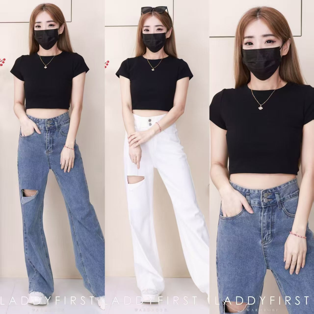 【L61183】高品质气质牛仔高腰阔脚休闲百搭长裤，有口袋 ❤️❤️【A-R3-C2】